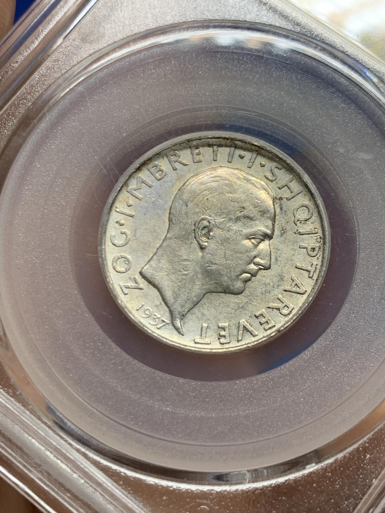 《竞宝斋》第466场 周日，周一 2场连拍 （全场包邮）欢迎送拍 公博 AU58 意属阿尔巴尼亚1937年1法郎银币