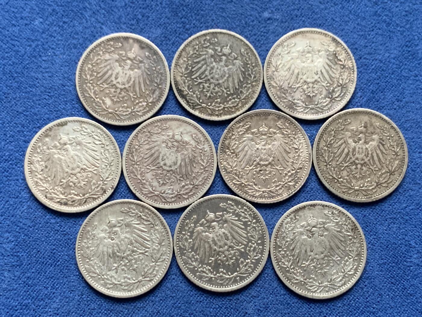 《竞宝斋》第466场 周日，周一 2场连拍 （全场包邮）欢迎送拍 10枚一组 德国1/2马克银币 总重27.32g 900银