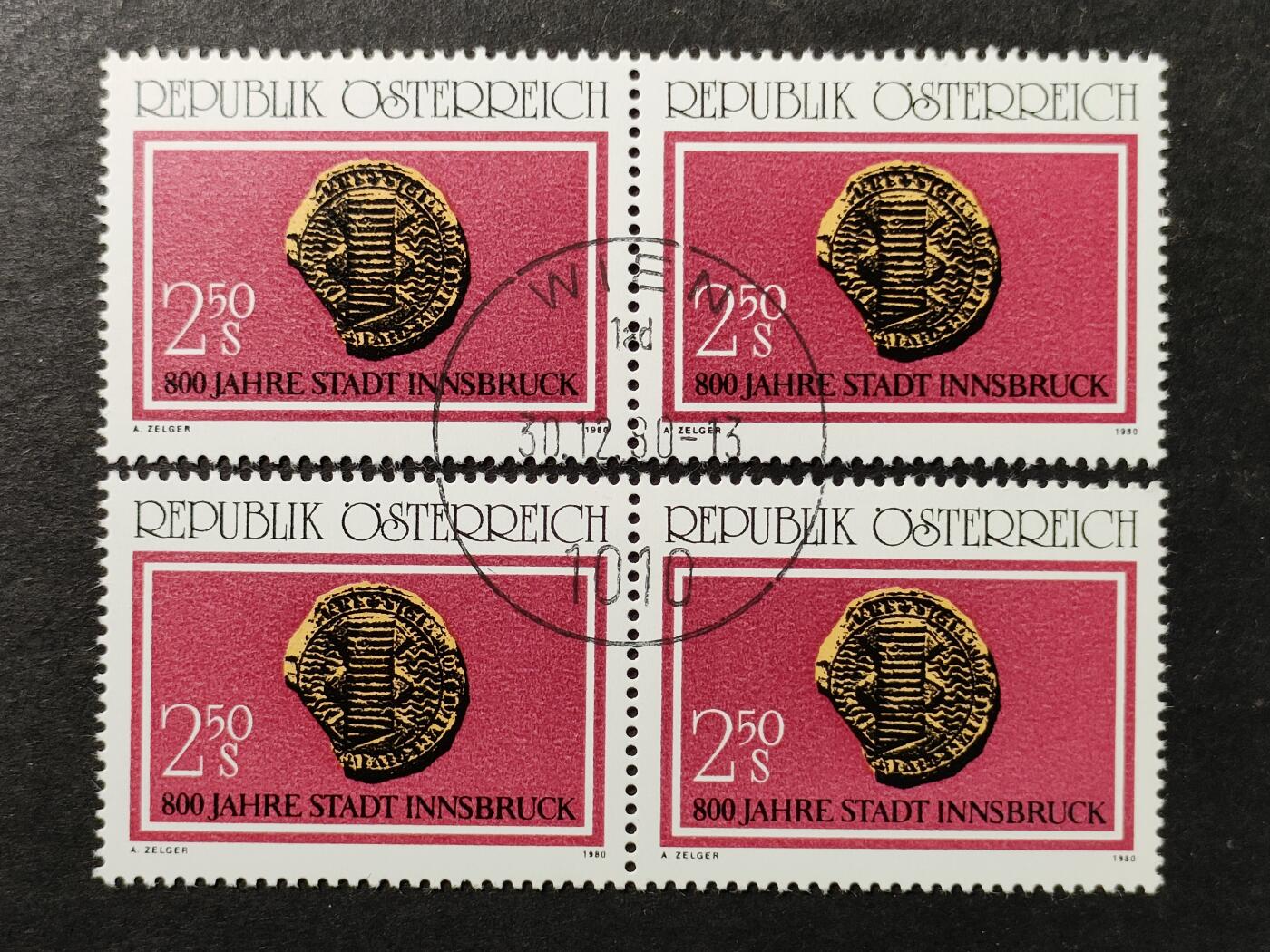 ↓君缘收藏751期☞钱币邮品↓无佣金、可寄存、满30元包邮  奥地利邮票，1980年因斯布鲁克建城800周年·市印邮票1全，随机发一枚