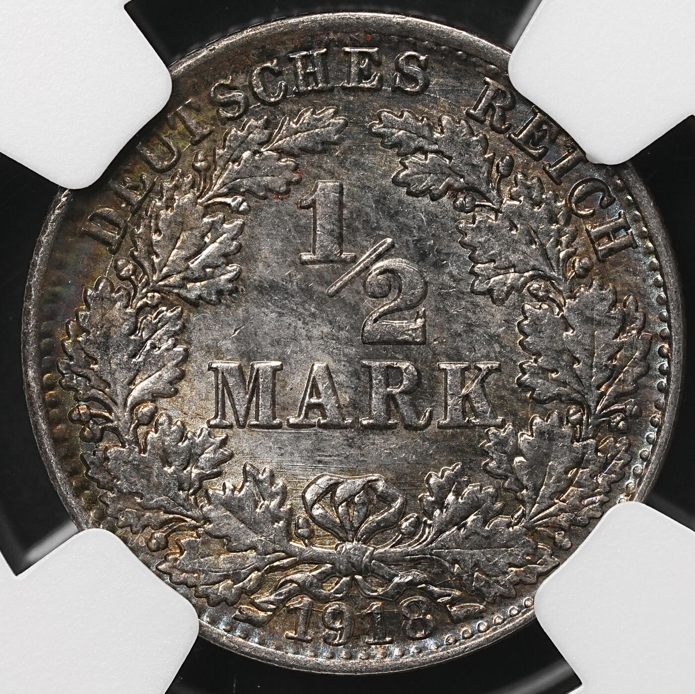 修遠堂世界钱币第106期，请看参拍说明 NGC MS63 1918年德国1/2马克银币 A厂铭