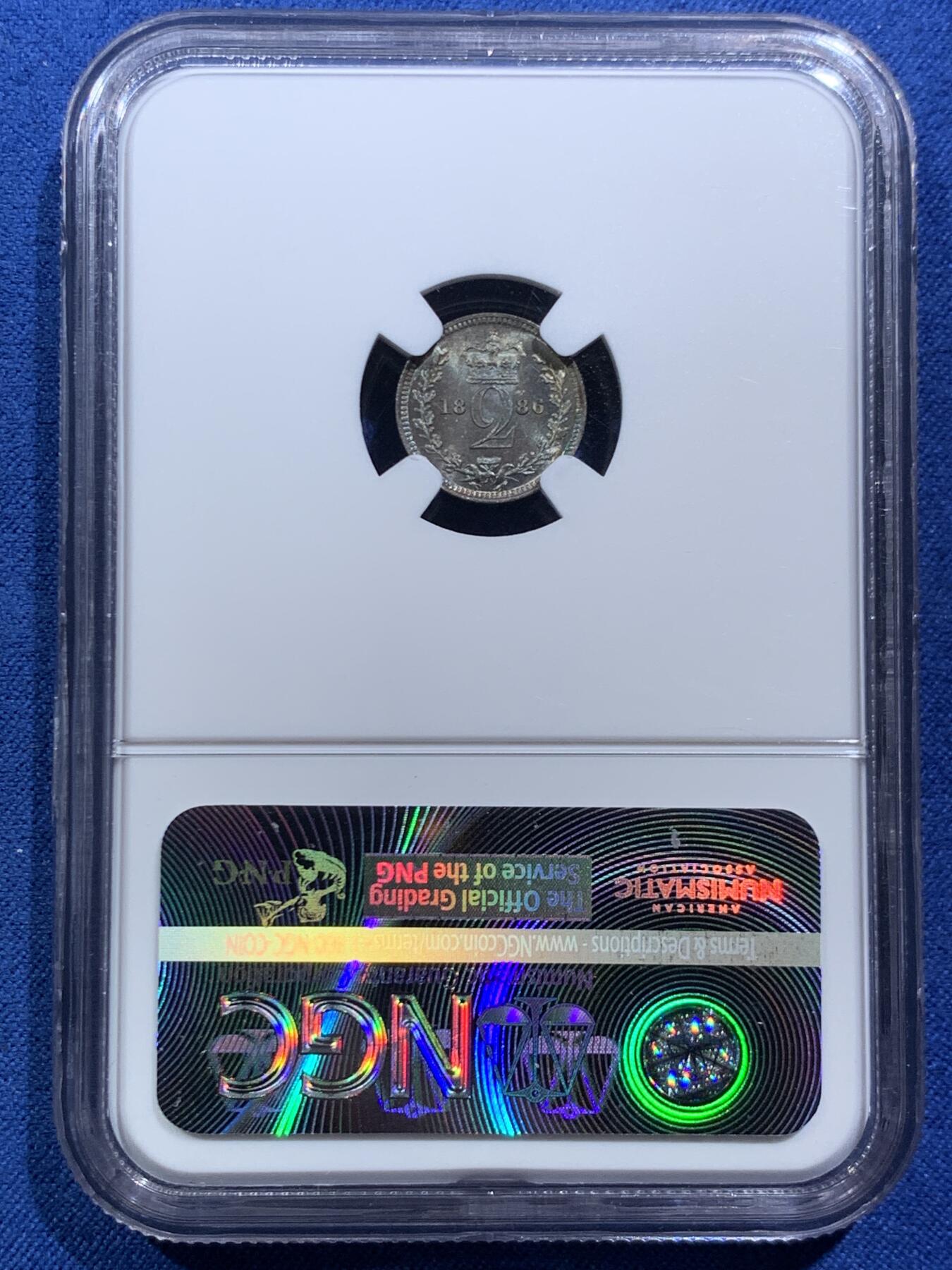 《竞宝斋》第466场 周日，周一 2场连拍 （全场包邮）欢迎送拍 NGC MS64-67 英国1886年小维濯足币1-4便士一套 原盒开出 评级连号 绒盒五彩包浆 状态极好 其中4便士为冠军分 难得