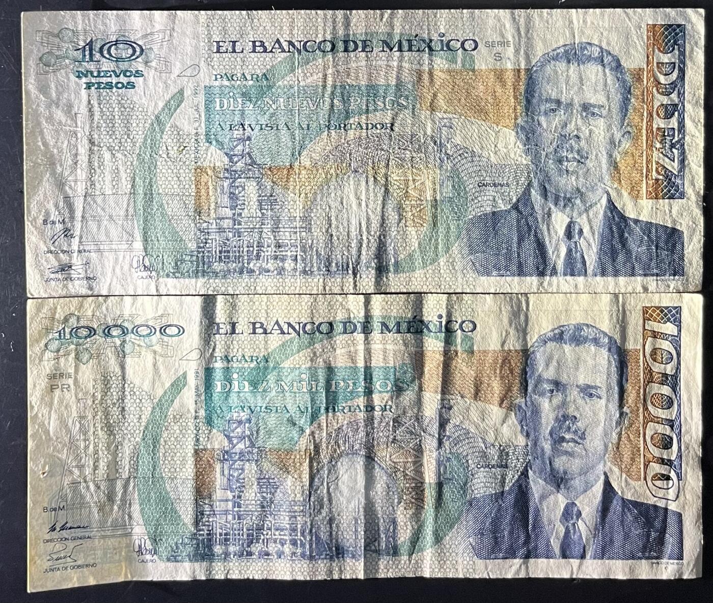 小福收藏拍卖第201期 流通品相裸钞 特惠场 本场拍卖美洲大洋洲非洲亚洲纸币【佣金仅收2% 不设最低佣金 全场包邮】 墨西哥 1991年 10000比索+1992年 10比索 1组2张 