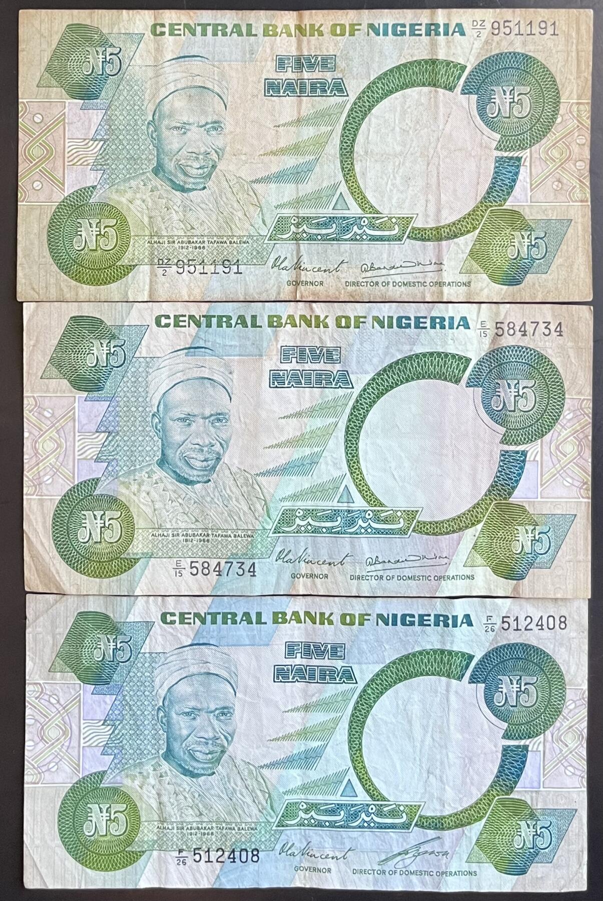 小福收藏拍卖第201期 流通品相裸钞 特惠场 本场拍卖美洲大洋洲非洲亚洲纸币【佣金仅收2% 不设最低佣金 全场包邮】 尼日利亚 5奈拉 1组3张 