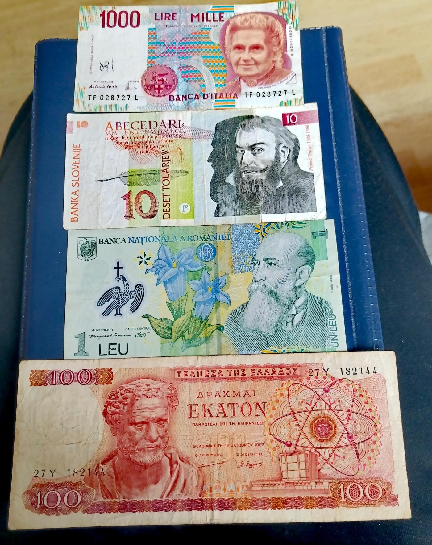 意大利1990年1000里拉、斯洛文尼亚1992年10特拉、罗马尼亚2005年1列伊、希腊1967年100德拉克马4枚流通纸币一组