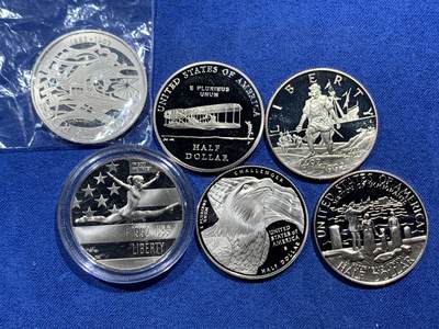 《竞宝斋》第466场 周日，周一 2场连拍 （全场包邮）欢迎送拍 - 六枚一组 瑞士1982年5法郎精制纪念币+美国1986、1992、1992、2003、2008年半美元精制币