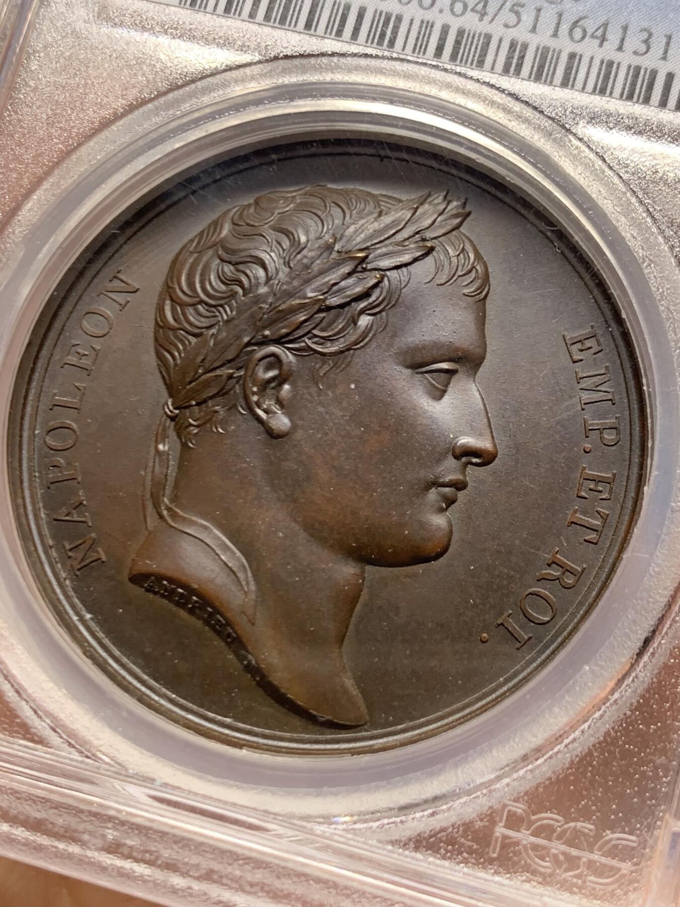 《竞宝斋》第466场 周日，周一 2场连拍 （全场包邮）欢迎送拍 PCGS SP64 冠军分 法国1806年拿破仑原铸铜章 与巴登公国联姻 巴黎造币厂紫檀色包浆 头顶光芒四射的