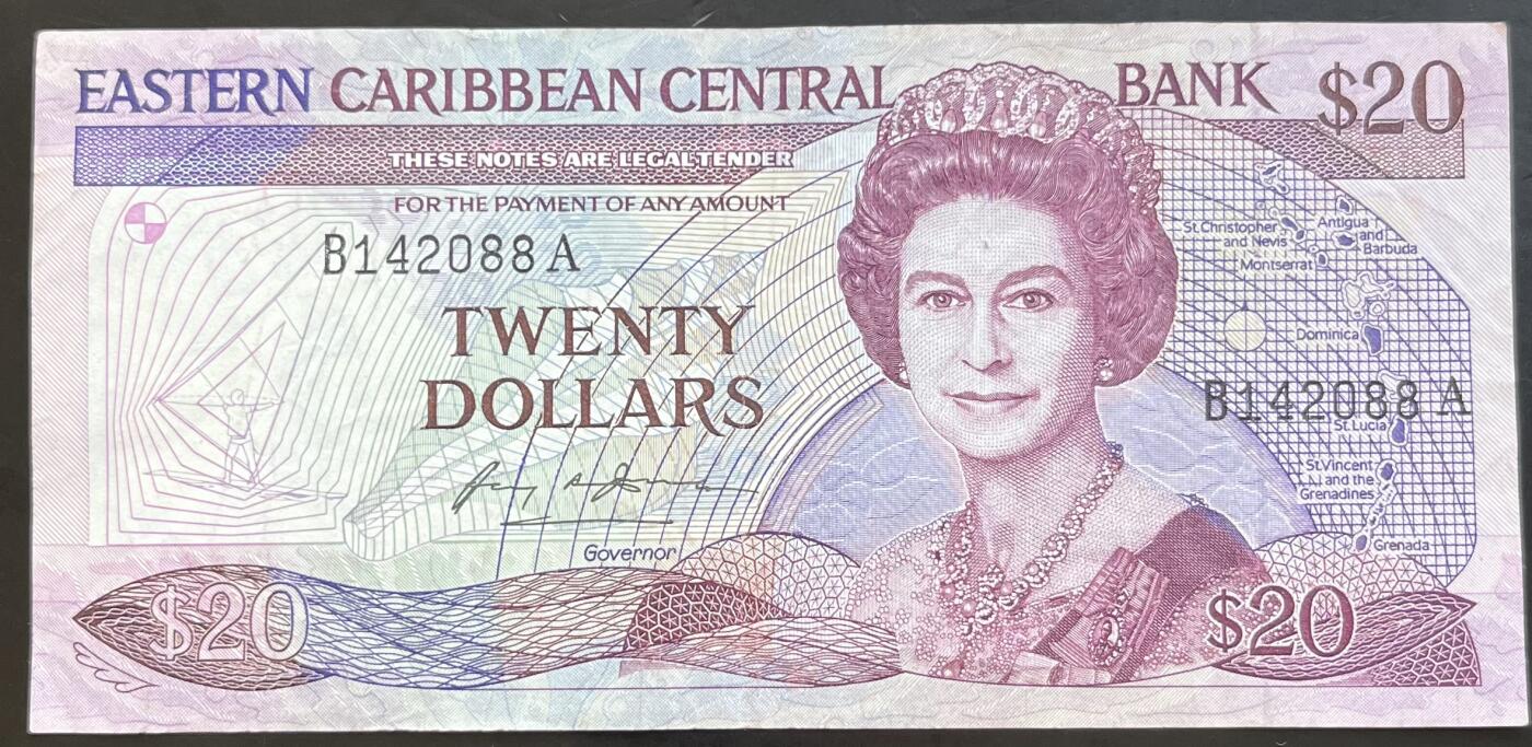 小福收藏拍卖第201期 流通品相裸钞 特惠场 本场拍卖美洲大洋洲非洲亚洲纸币【佣金仅收2% 不设最低佣金 全场包邮】 东加勒比 A 安提瓜和巴布达 地图没写安圭拉国名早期版 1985年 20元  