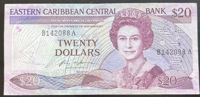 小福收藏拍卖第201期 流通品相裸钞 特惠场 本场拍卖美洲大洋洲非洲亚洲纸币【佣金仅收2% 不设最低佣金 全场包邮】 - 东加勒比 A 安提瓜和巴布达 地图没写安圭拉国名早期版 1985年 20元  