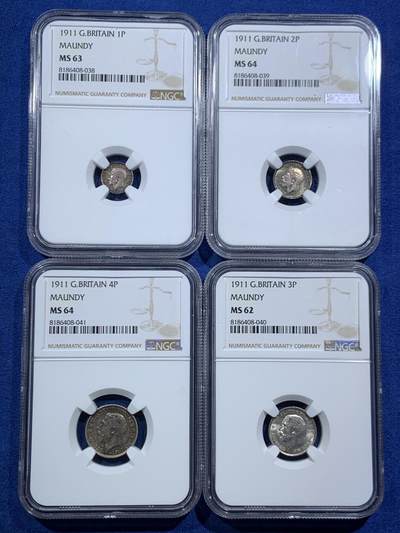 《竞宝斋》第466场 周日，周一 2场连拍 （全场包邮）欢迎送拍 - 四枚一组 NGC MS62-64 英国1911年乔治五世濯足币1-4便士银币 包浆舒服 评级数量比同年份精制币少很多