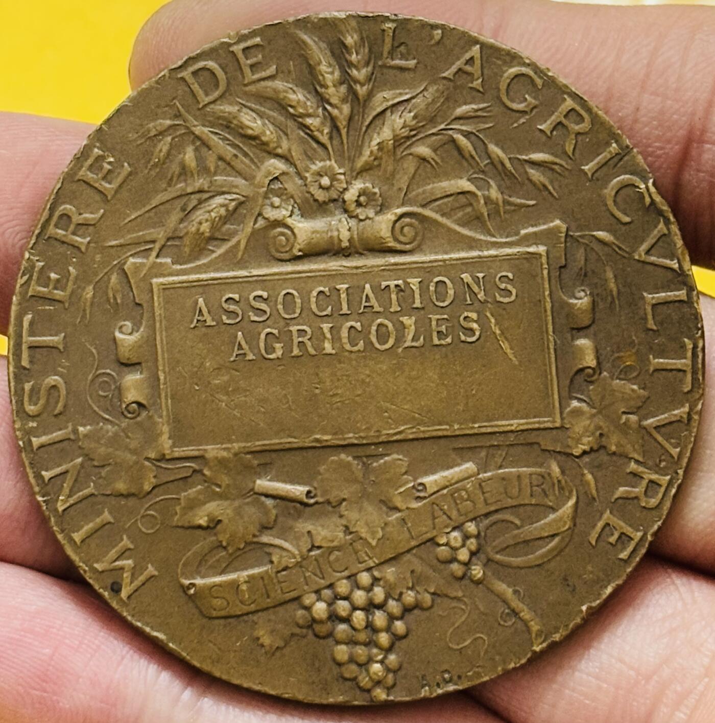 文馨钱币收藏第 295 场，（元宵场）各种银币散币纪念章，长期接代拍业务 约（1880-1900 年） 法兰西第三共和国时期农业协会青铜纪念章，中心铭文为农业协会，底部绥带为科学与劳动，带雕刻师签名缩写 AD （Achille  Dubois ）正面是农夫耕耘场景田野与农舍，其美好寓意是科学引导农业，共和国支持农民劳动创造繁荣，细节看图