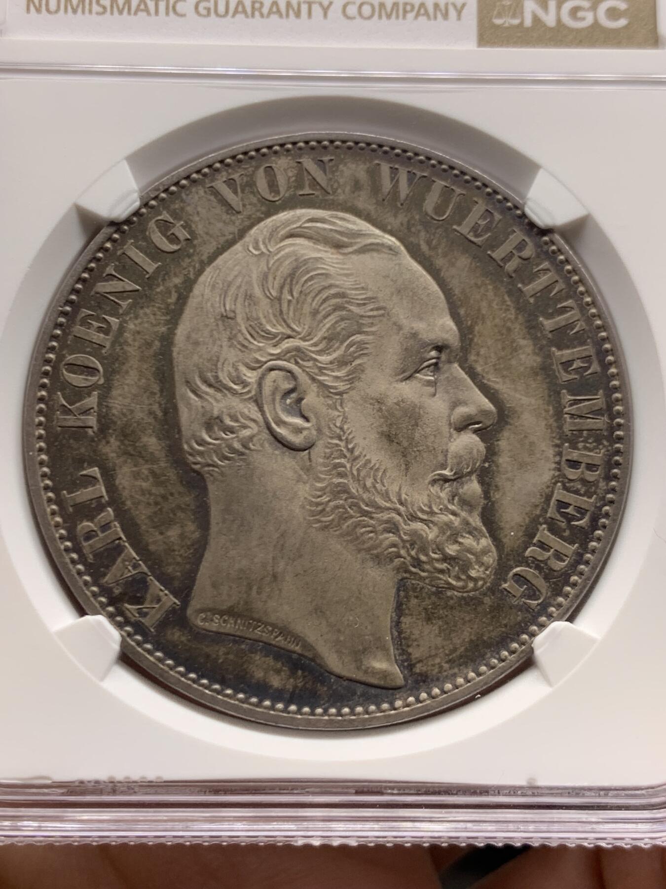 《竞宝斋》第466场 周日，周一 2场连拍 （全场包邮）欢迎送拍 NGC PF62 德国 精制符腾堡王国1869年乌尔姆大教堂2泰勒银币，正面帶五彩包浆，1869年比1871年的少,僅發行1776枚