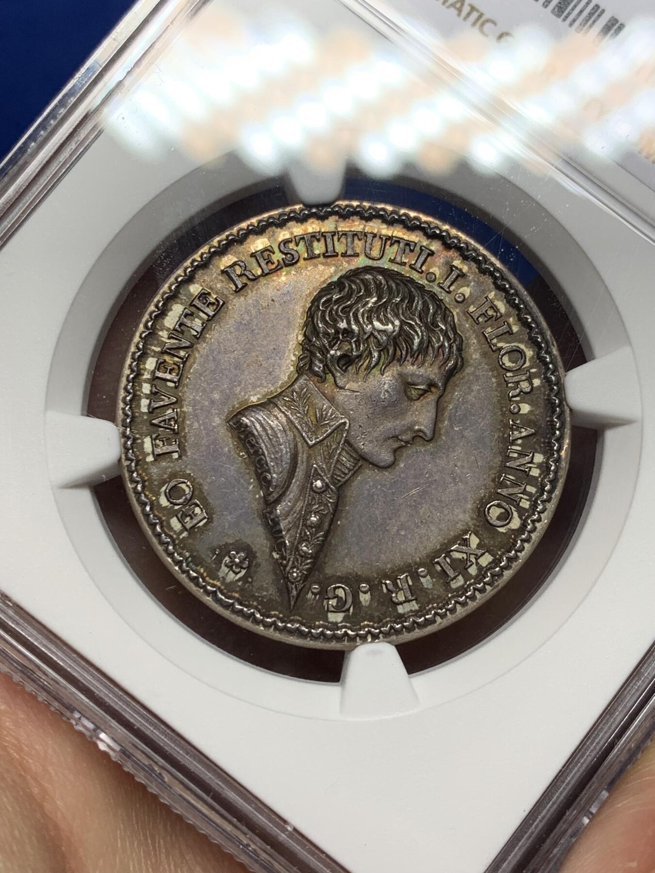 《竞宝斋》第466场 周日，周一 2场连拍 （全场包邮）欢迎送拍 NGC MS63 法国1803年拿破仑里昂证券交易所银章 原味深彩