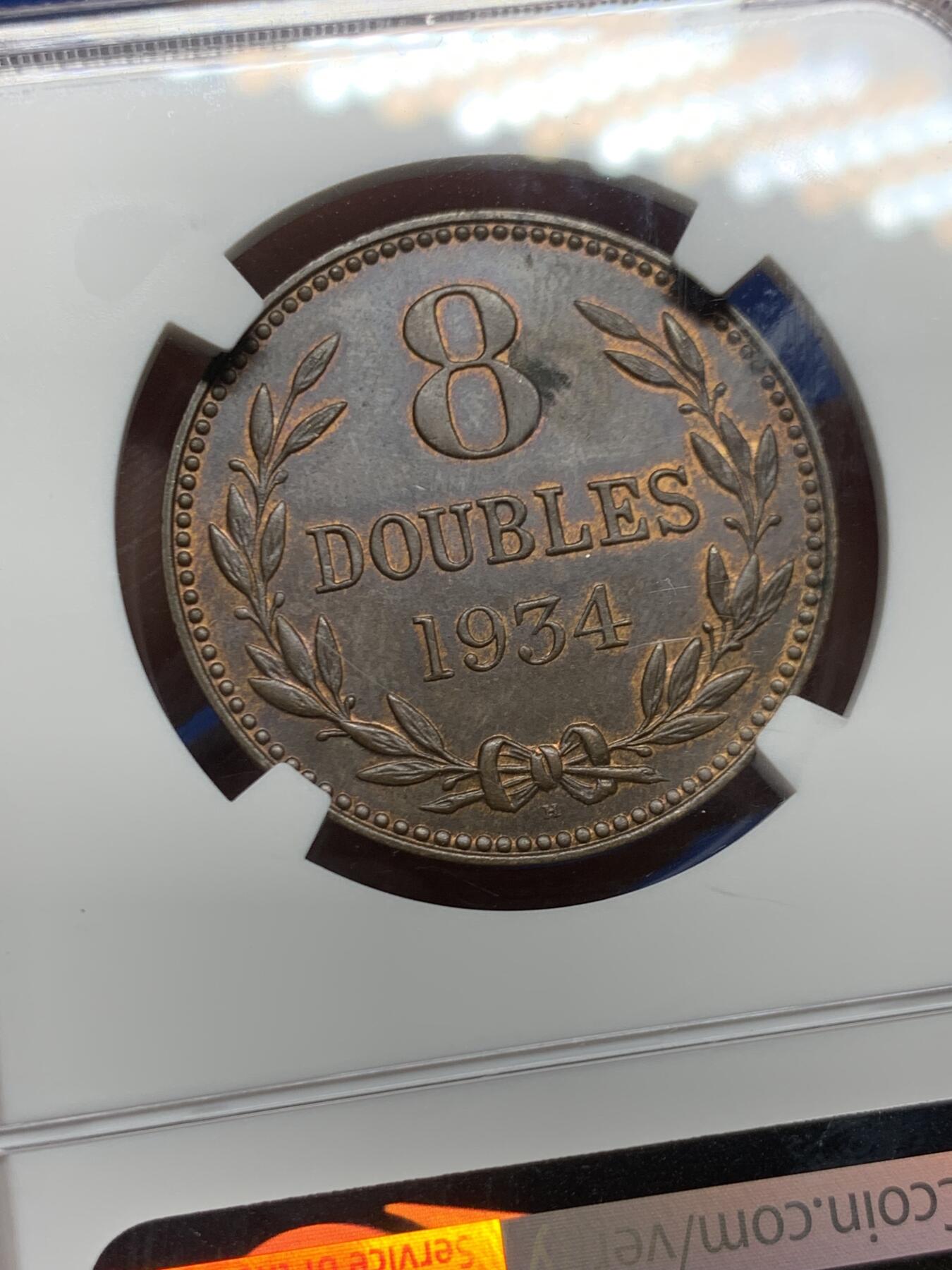 《竞宝斋》第466场 周日，周一 2场连拍 （全场包邮）欢迎送拍 NGC MS62BN 英属根西岛1934年乔治五世八道布 铜光还不错 很漂亮的品相