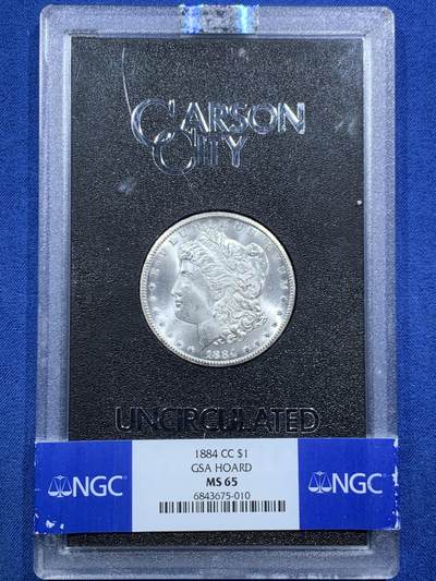 《竞宝斋》第466场 周日，周一 2场连拍 （全场包邮）欢迎送拍 - NGC MS65 美国 1884 CC 摩根 GSA 稀有卡森厂 绝版大封装 十字转光 品相极佳 上65分难得