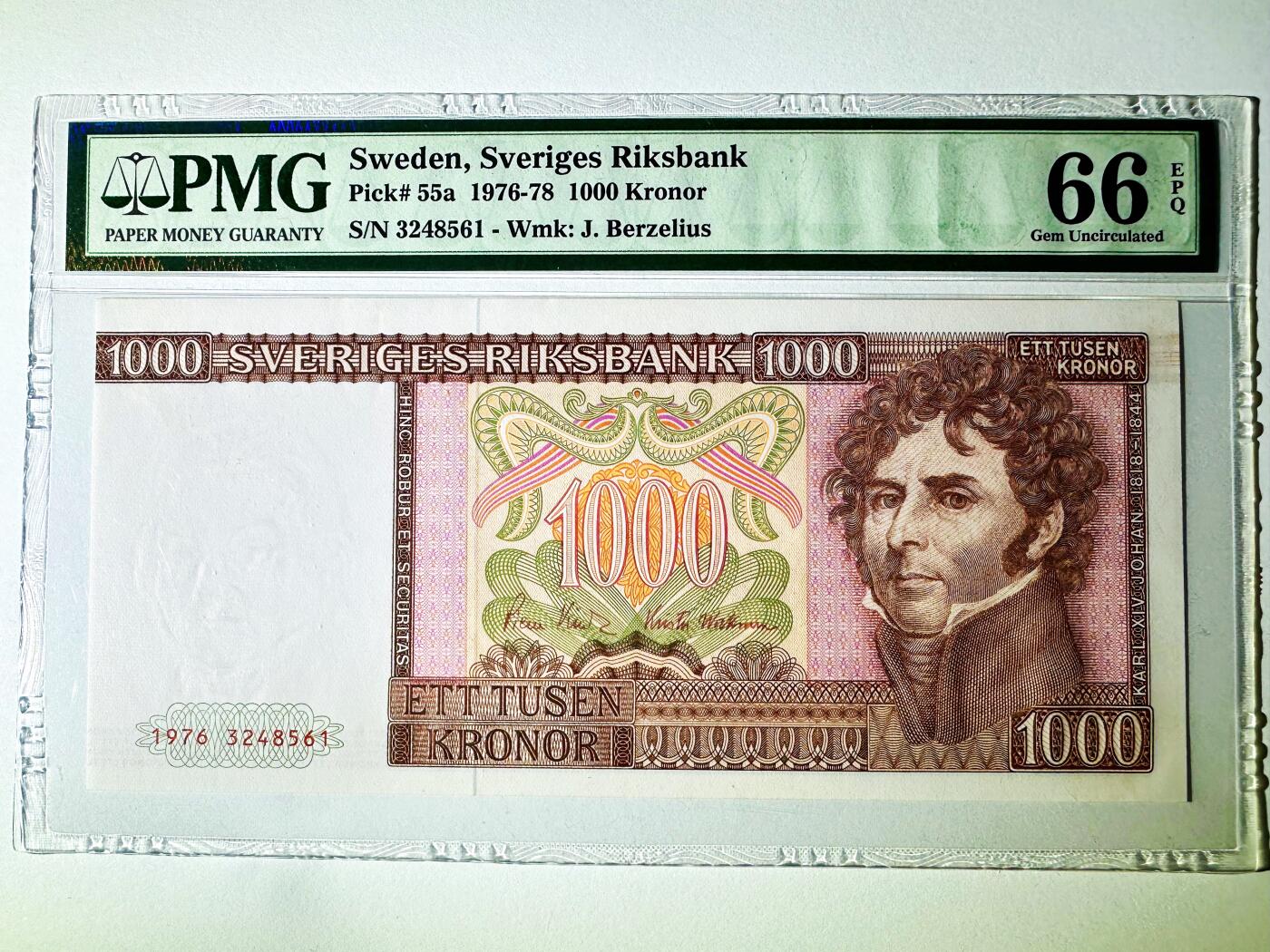 【Blue Auction】世界纸币精拍第789期——18级TOP拍卖/信誉/品质/专业/高效💫 【a版首年】瑞典 1976年1000克朗 国王卡尔十四 PMG66EPQ 老壳 