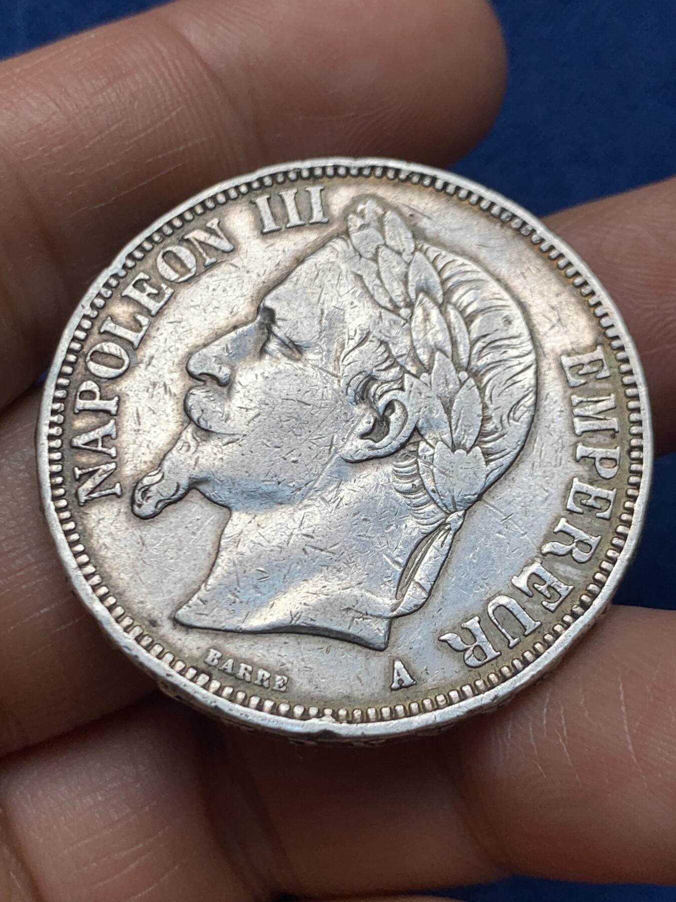 《竞宝斋》第466场 周日，周一 2场连拍 （全场包邮）欢迎送拍 法国1869年拿破仑三世5法郎银币