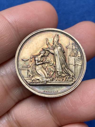 《竞宝斋》第466场 周日，周一 2场连拍 （全场包邮）欢迎送拍 - 法国1855年镀金结婚纪念银章，AR手指边铭950银，边铭结婚信息深刻，27.2mm，10.1克