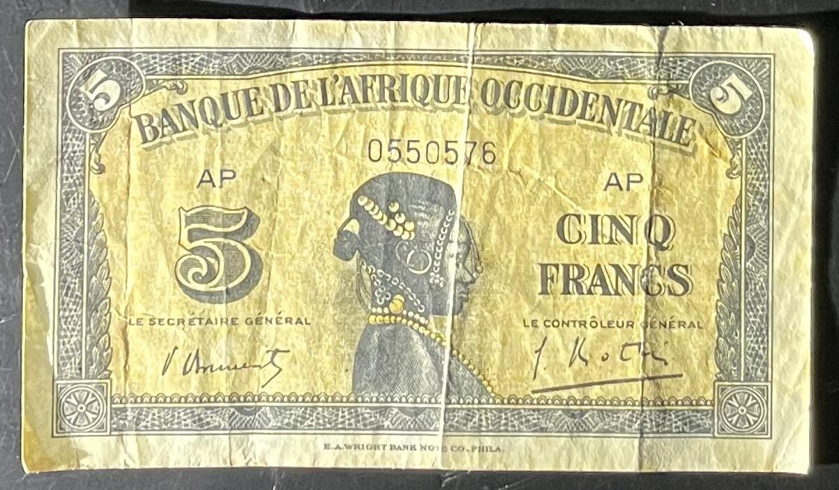 小福收藏拍卖第201期 流通品相裸钞 特惠场 本场拍卖美洲大洋洲非洲亚洲纸币【佣金仅收2% 不设最低佣金 全场包邮】 法属西非 1942年 5法郎 少见 