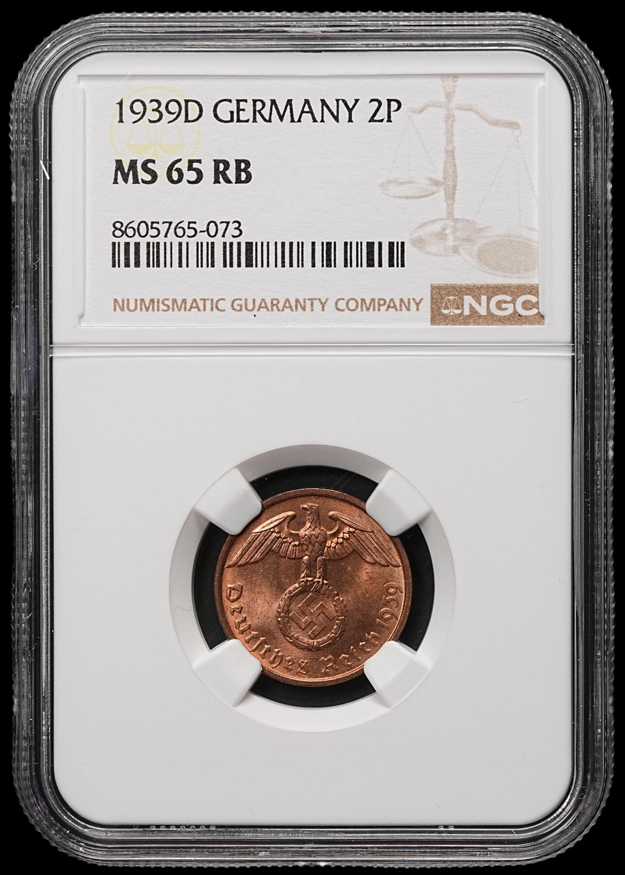 修遠堂世界钱币第106期，请看参拍说明 NGC MS65RB 1939年德国2芬尼铜币 D厂铭