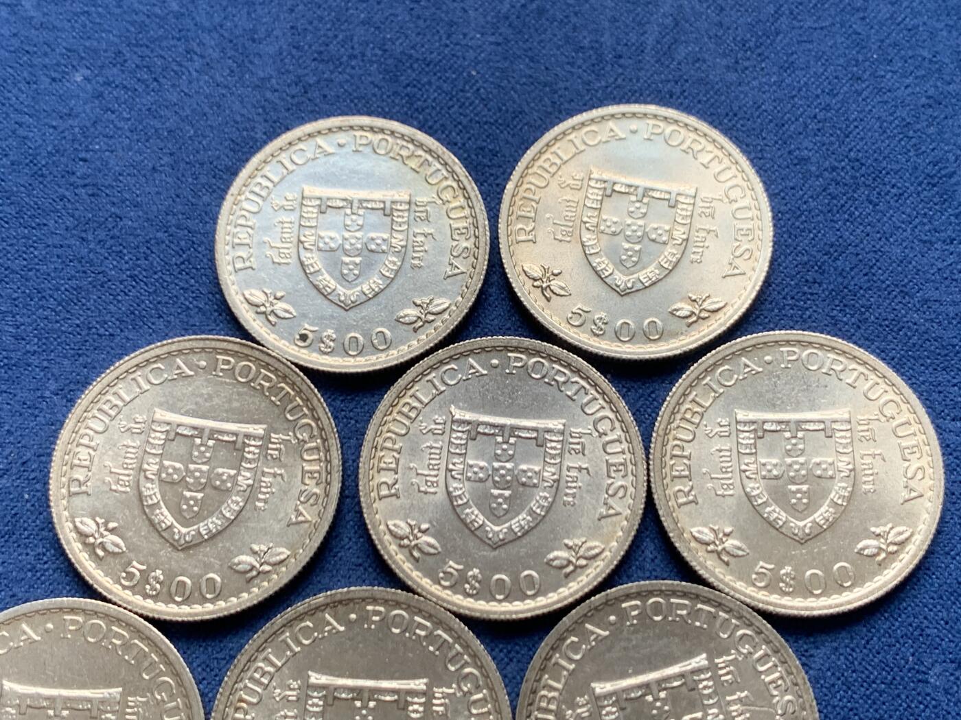 《竞宝斋》第466场 周日，周一 2场连拍 （全场包邮）欢迎送拍 八枚一组 葡萄牙1960年亨利王子逝世500周年5埃斯库多银币 总重56.3g 650银