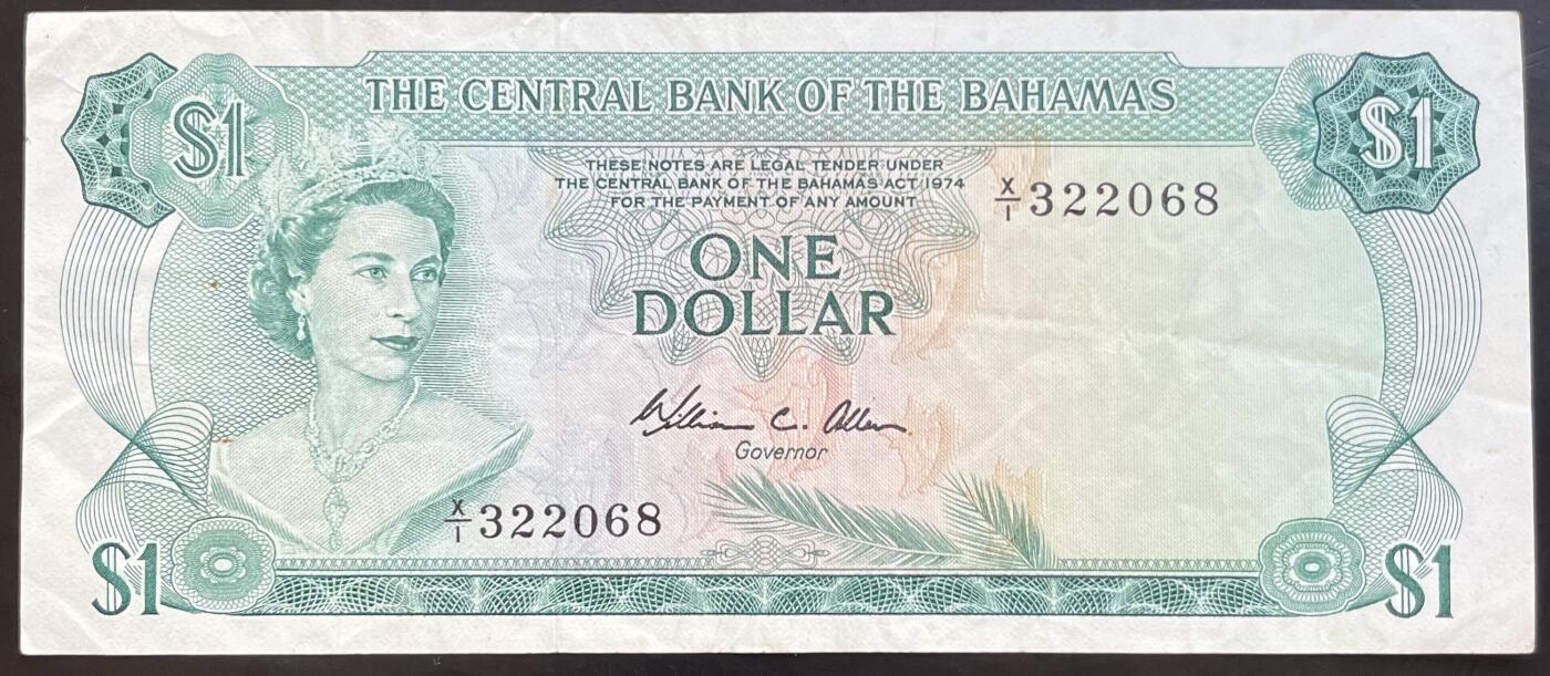 小福收藏拍卖第201期 流通品相裸钞 特惠场 本场拍卖美洲大洋洲非洲亚洲纸币【佣金仅收2% 不设最低佣金 全场包邮】 巴哈马 1974年 1元 彩背 