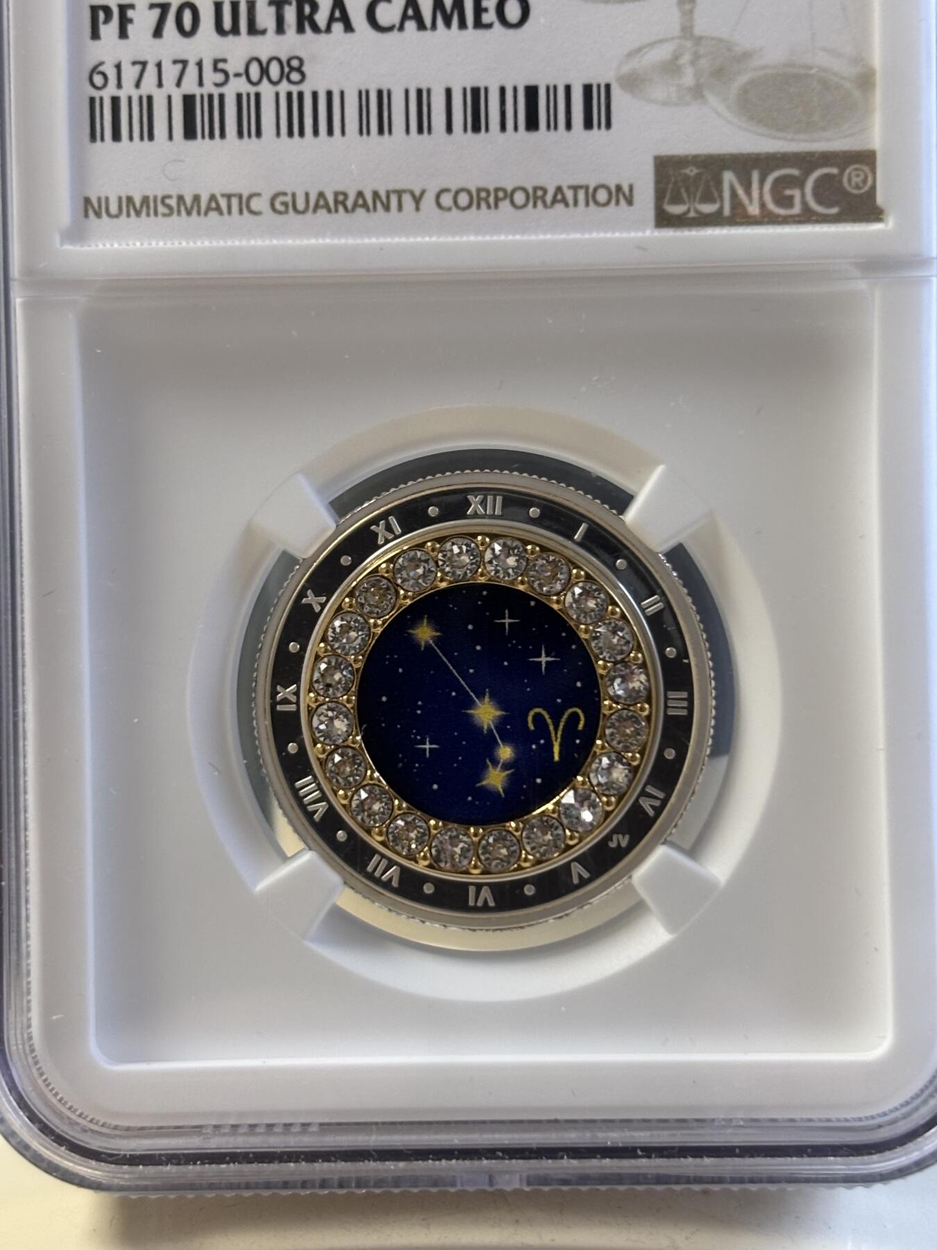 第192期拍卖 加拿大2019年十二星座白羊座镶水晶彩银币NGC-PF70，9999银，7.96克，发行4000枚