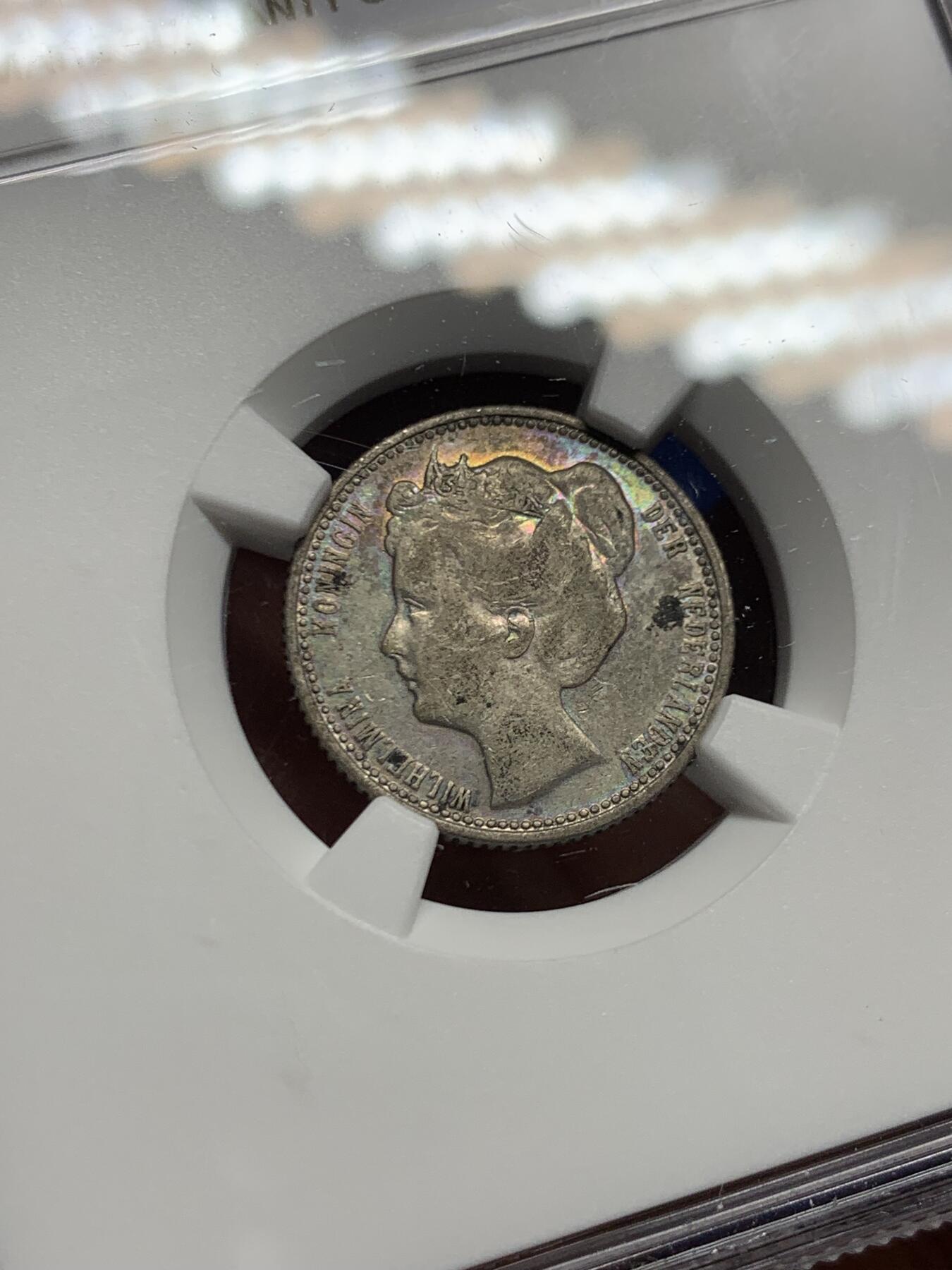 《竞宝斋》第466场 周日，周一 2场连拍 （全场包邮）欢迎送拍 NGC XFD 1906年荷兰25分银币 威廉明娜很经典的青年形象