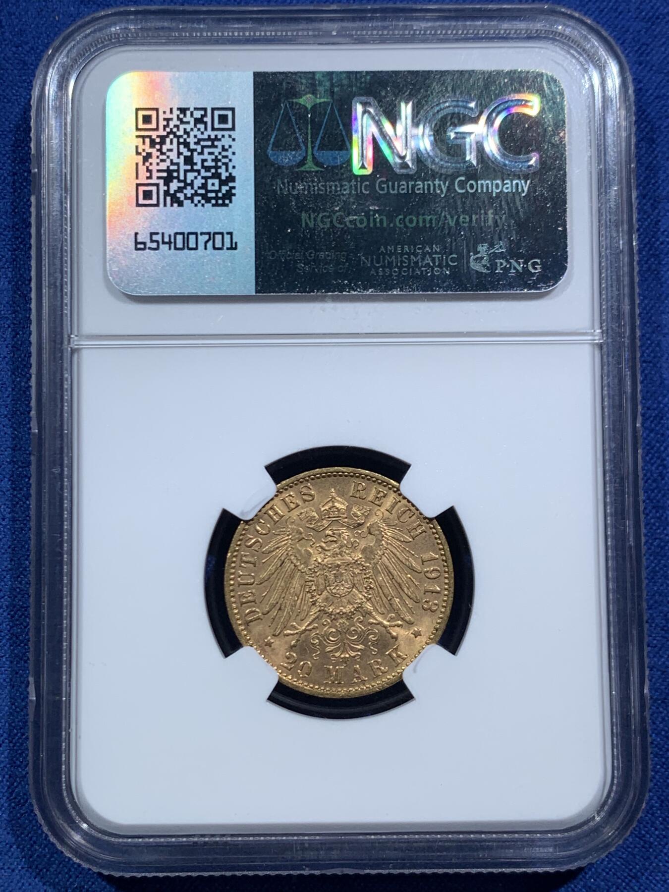 《竞宝斋》第466场 周日，周一 2场连拍 （全场包邮）欢迎送拍 NGC MS64 德国汉堡 1913年 20马克 金币 900金 7.96克 好品相 热门品种持续上涨