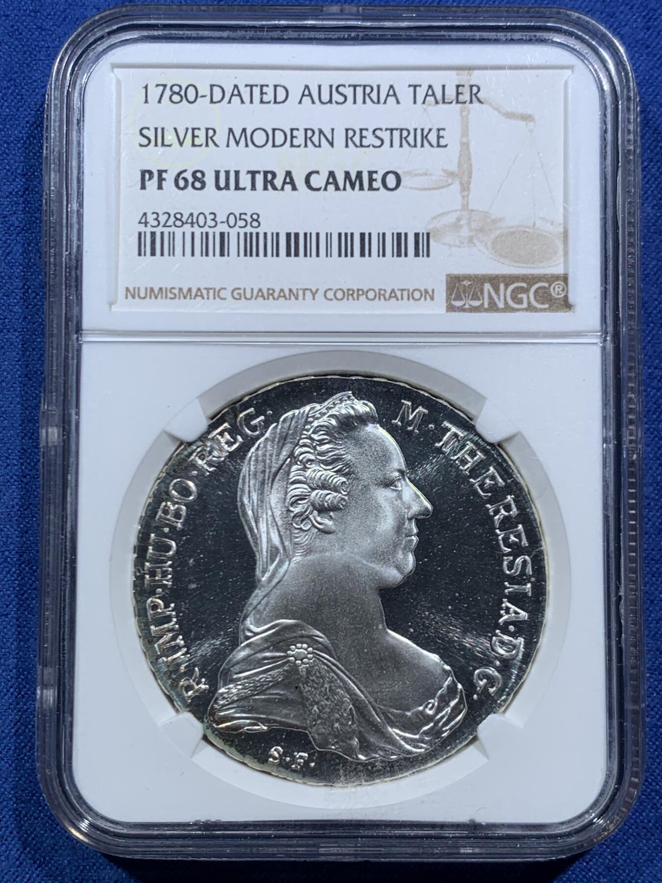 《竞宝斋》第466场 周日，周一 2场连拍 （全场包邮）欢迎送拍 NGC PF68UC 奥地利1780大奶妈泰勒精制银币 后铸版