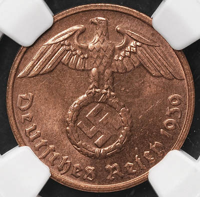 修遠堂世界钱币第106期，请看参拍说明 - NGC MS64RB 1939年德国2芬尼铜币 G厂铭