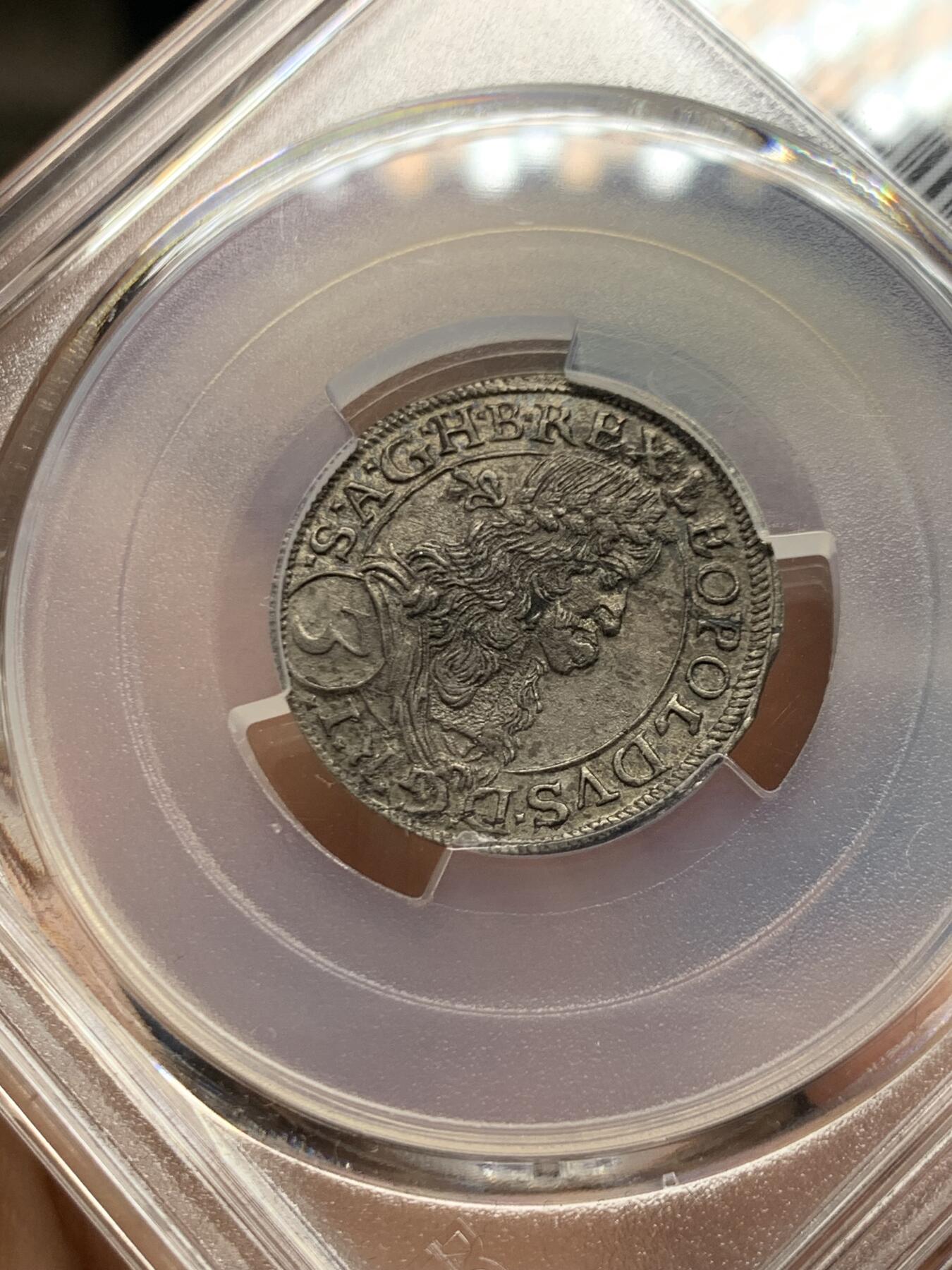 《竞宝斋》第466场 周日，周一 2场连拍 （全场包邮）欢迎送拍 PCGS MS63 神圣罗马帝国1669年利奥波德皇帝3克鲁泽银币 维也纳厂 亚军分 打制细节佳