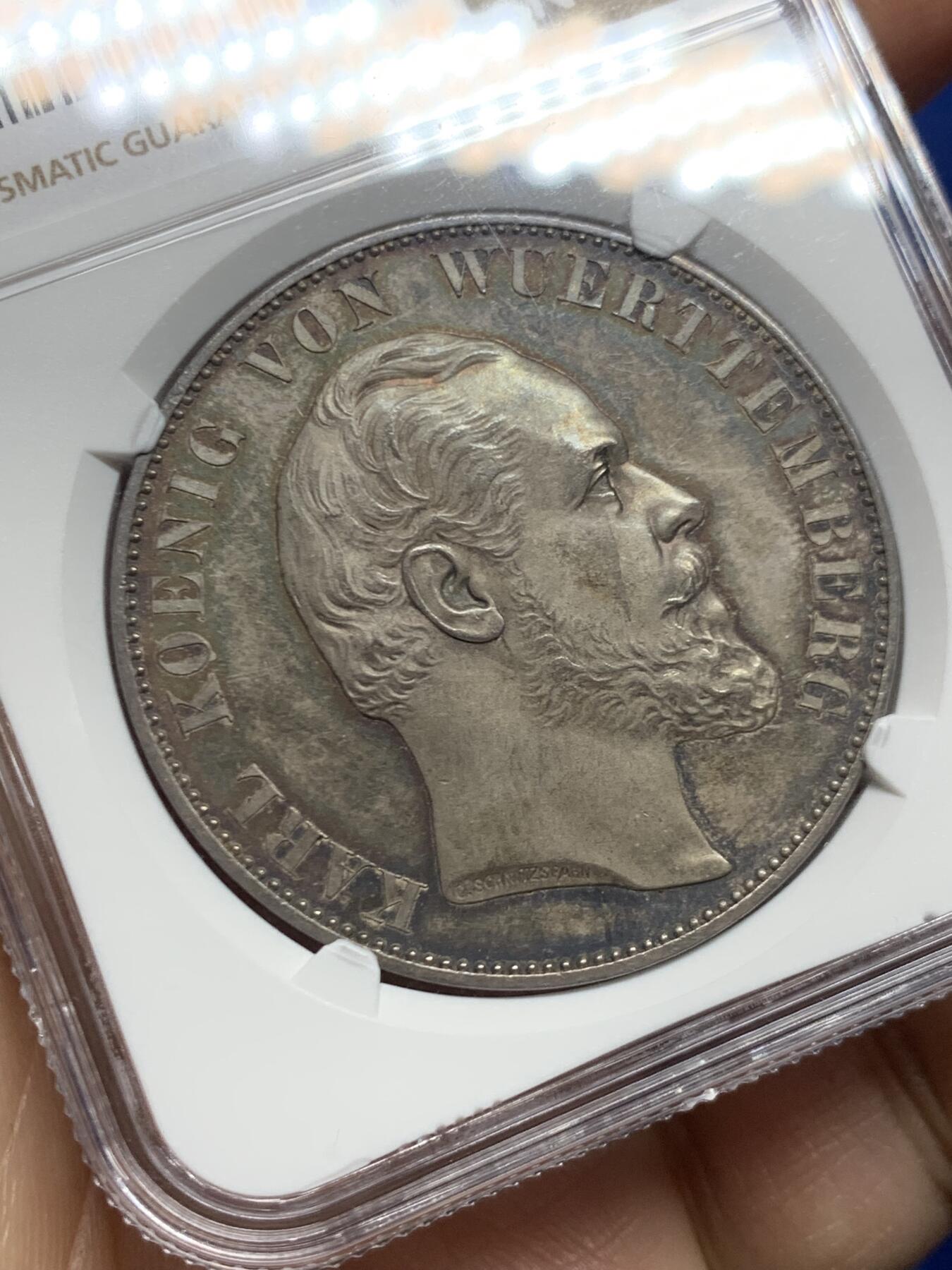 《竞宝斋》第466场 周日，周一 2场连拍 （全场包邮）欢迎送拍 NGC PF62 德国 精制符腾堡王国1869年乌尔姆大教堂2泰勒银币，正面帶五彩包浆，1869年比1871年的少,僅發行1776枚