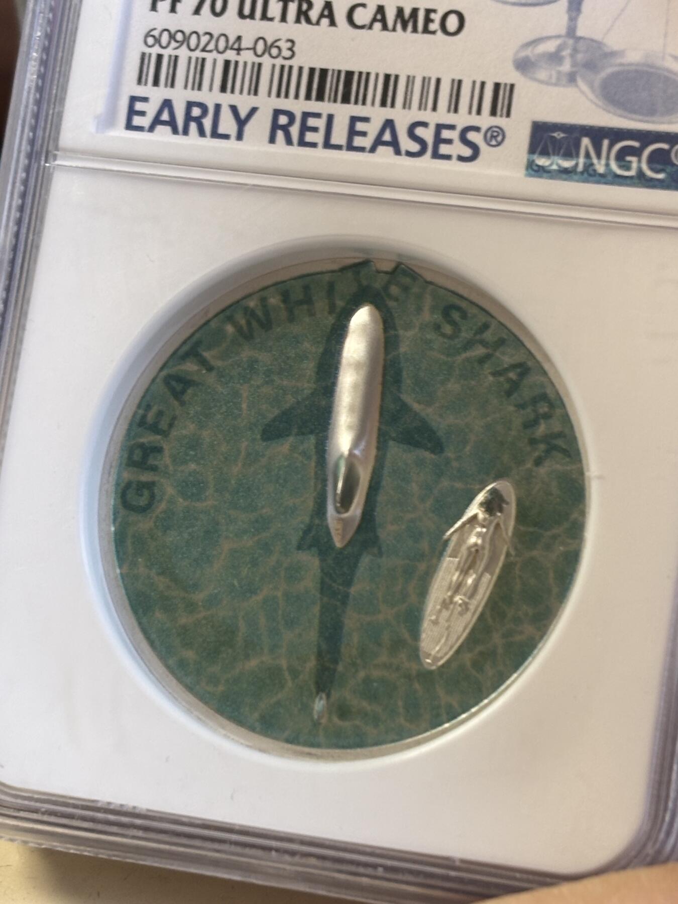 第192期拍卖 获奖帕劳2021年大白鲨双面高浮雕彩银币NGC-PF70首，999银，发行2021枚