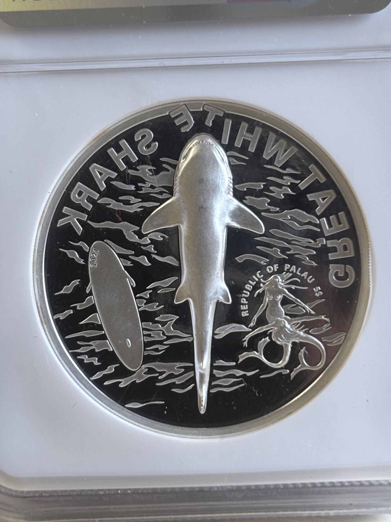 第192期拍卖 获奖帕劳2021年大白鲨双面高浮雕彩银币NGC-PF70首，999银，发行2021枚