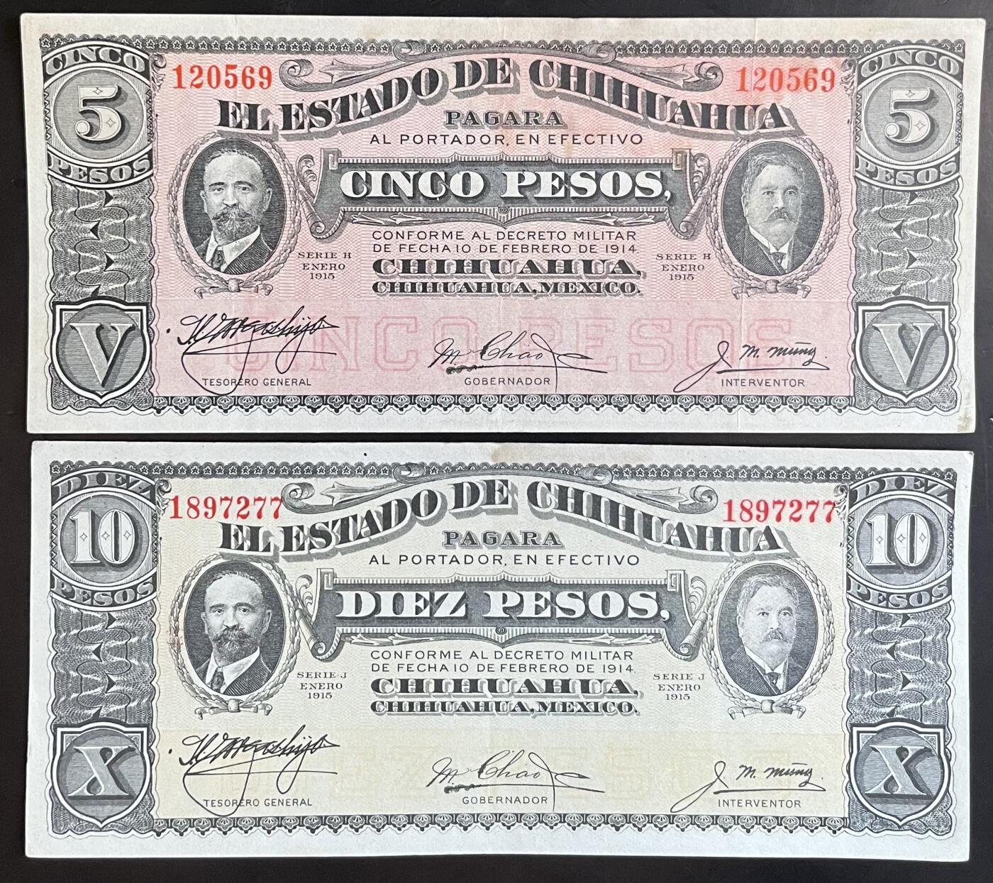 小福收藏拍卖第201期 流通品相裸钞 特惠场 本场拍卖美洲大洋洲非洲亚洲纸币【佣金仅收2% 不设最低佣金 全场包邮】 墨西哥 1915年 5+10比索 1组2张 XF-AUNC