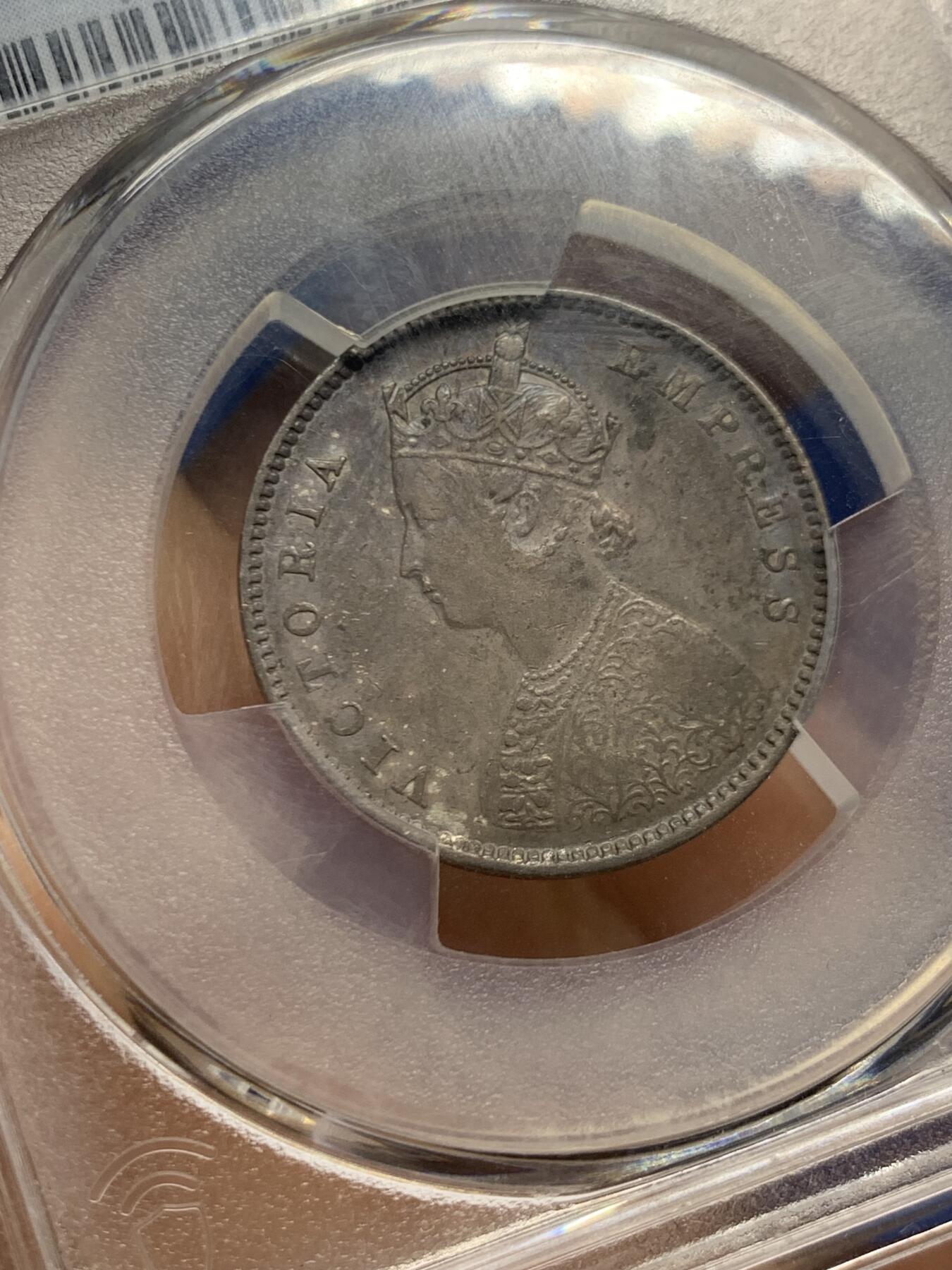 《竞宝斋》第466场 周日，周一 2场连拍 （全场包邮）欢迎送拍 PCGS AU53 英属印度1899-B半卢比，酱彩包浆，较少见。