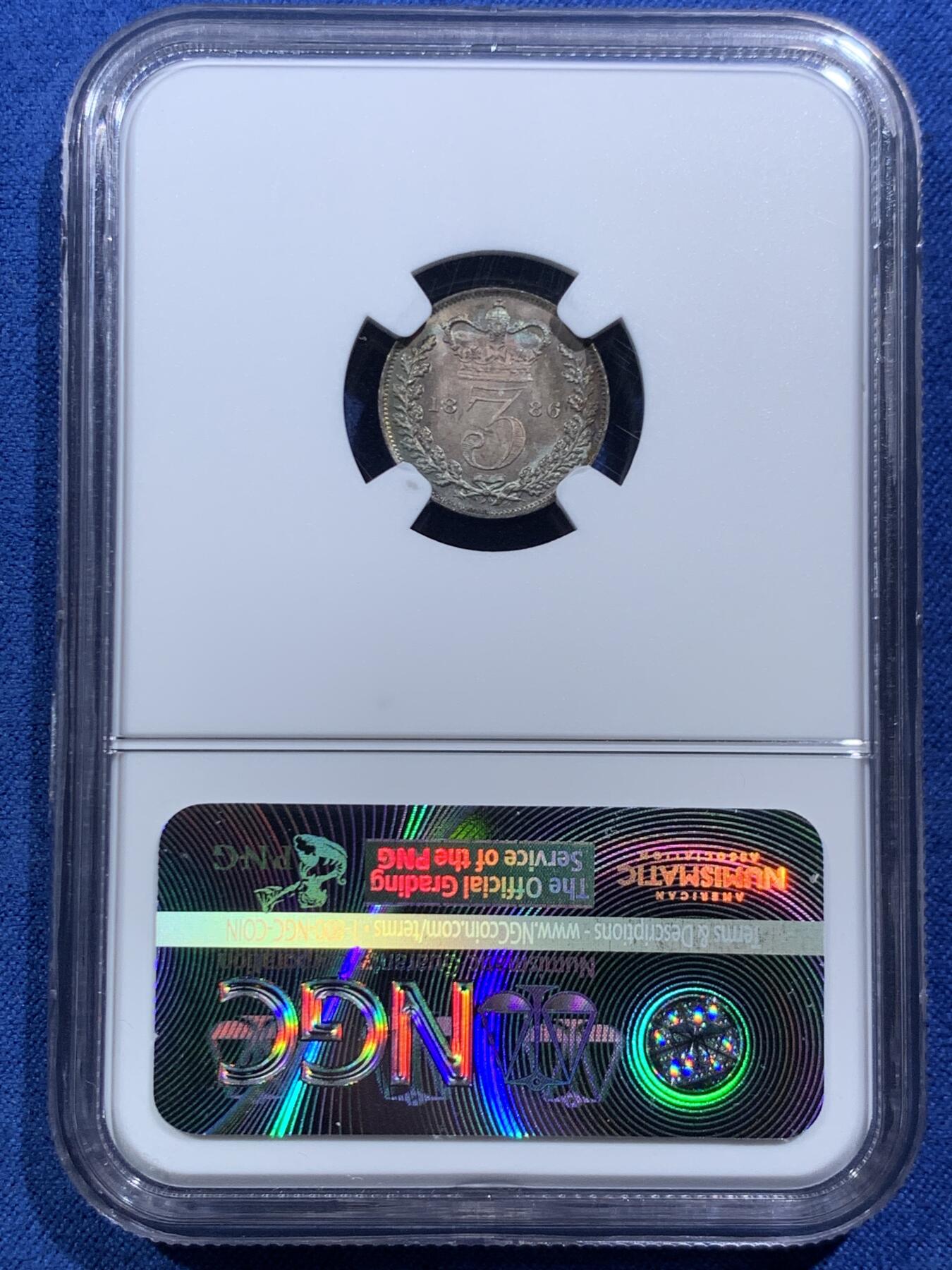 《竞宝斋》第466场 周日，周一 2场连拍 （全场包邮）欢迎送拍 NGC MS64-67 英国1886年小维濯足币1-4便士一套 原盒开出 评级连号 绒盒五彩包浆 状态极好 其中4便士为冠军分 难得