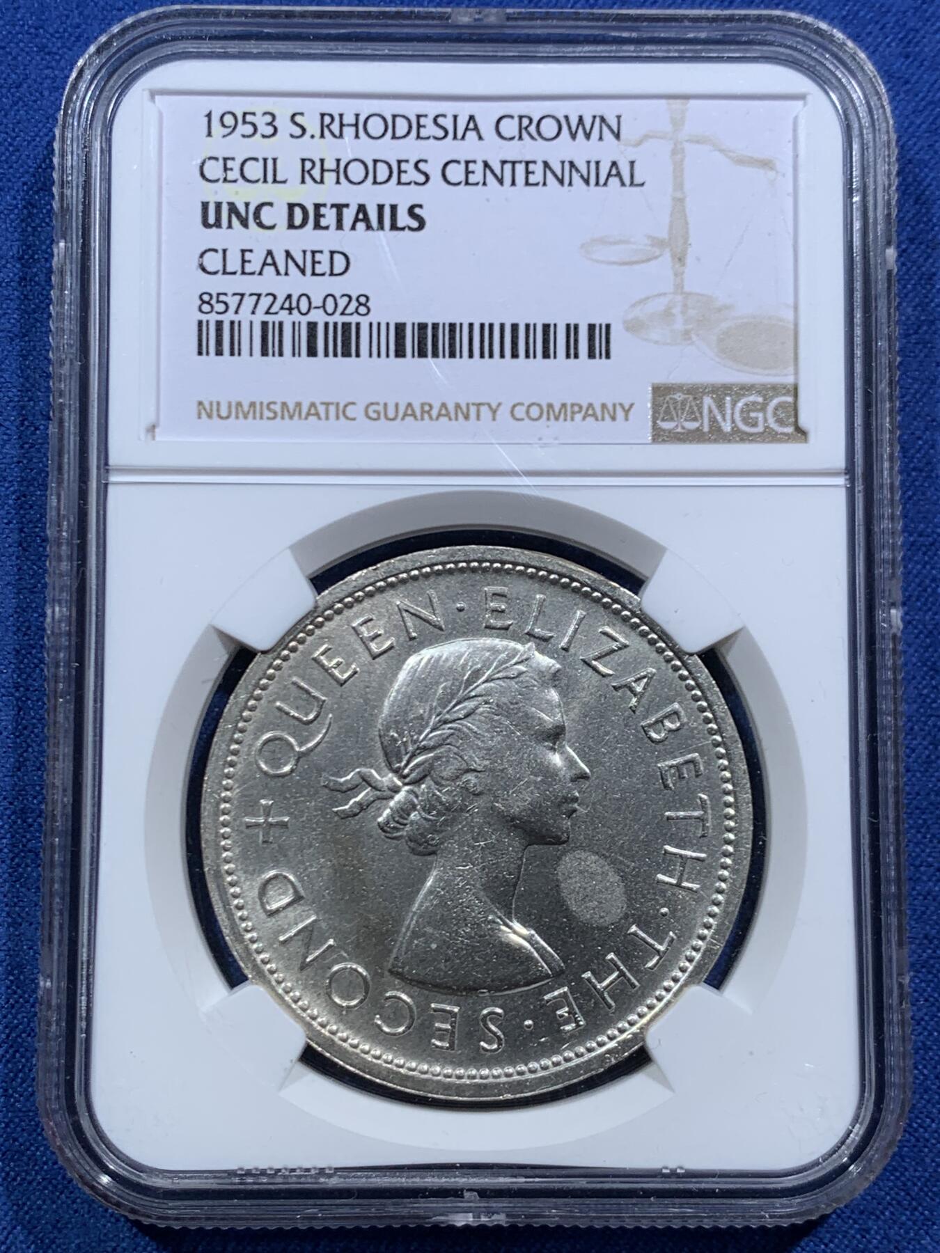 《竞宝斋》第466场 周日，周一 2场连拍 （全场包邮）欢迎送拍 NGC UNCD 南罗德西亚（津巴布韦）1953年纪念罗德斯诞辰一百周年1克朗大银币