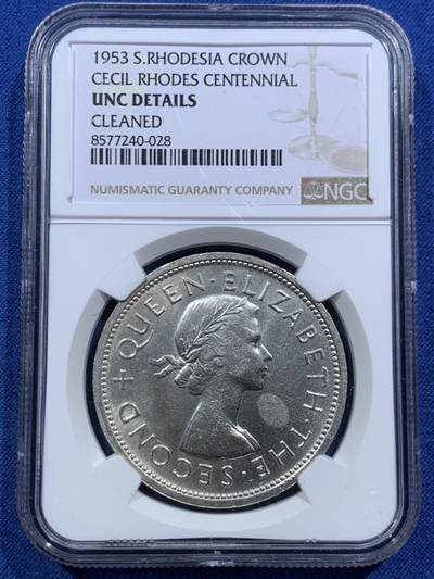 《竞宝斋》第466场 周日，周一 2场连拍 （全场包邮）欢迎送拍 - NGC UNCD 南罗德西亚（津巴布韦）1953年纪念罗德斯诞辰一百周年1克朗大银币