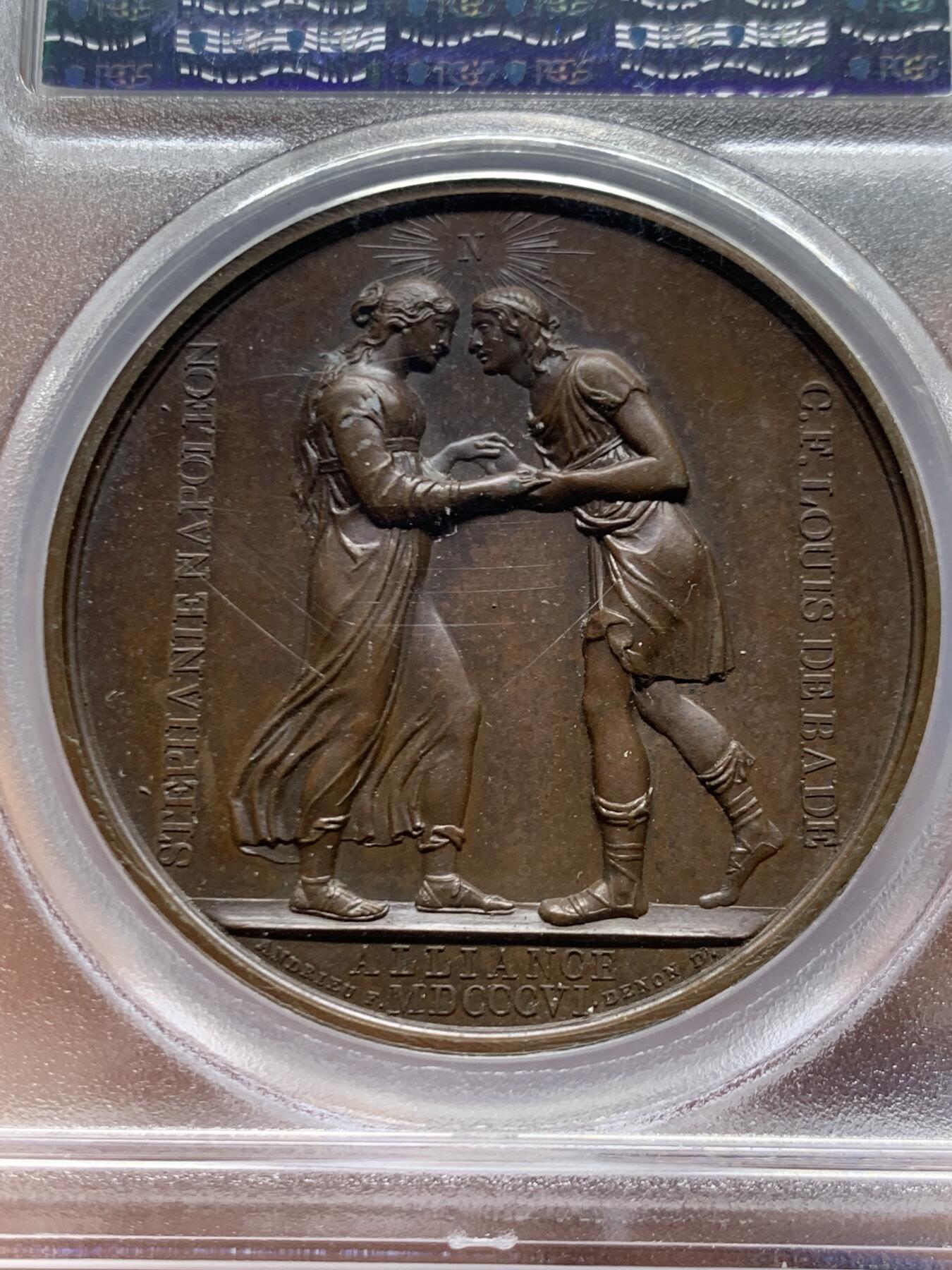 《竞宝斋》第466场 周日，周一 2场连拍 （全场包邮）欢迎送拍 PCGS SP64 冠军分 法国1806年拿破仑原铸铜章 与巴登公国联姻 巴黎造币厂紫檀色包浆 头顶光芒四射的