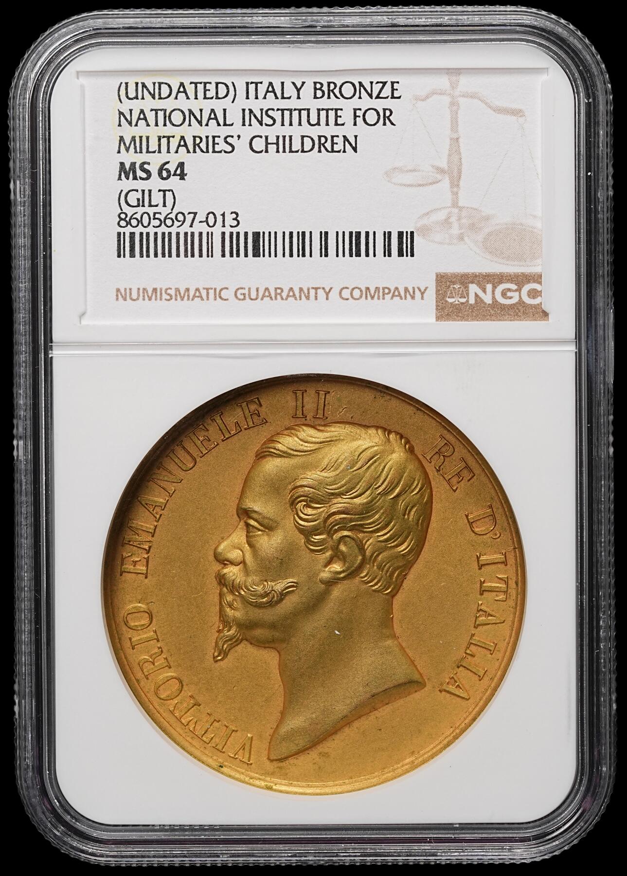 修遠堂世界钱币第106期，请看参拍说明 NGC MS64 意大利国王维托里奥・埃马努埃莱二世（Vittorio Emanuele II，1861–1878 年在位）时期鎏金铜章