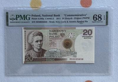 得物收藏 Chase Auction 第36期 - - 外钞、银元、民国钞和人民币混合场！（更新中） - 波兰20兹罗提纪念钞，玛丽·居里夫人100年诺贝尔奖纪念钞，全新，2011年发行，正面是居里夫人的肖像和巴黎索邦大学，反面是华沙镭研究所和诺贝尔奖章，靓号无47尾8，PMG68EPQ超高分