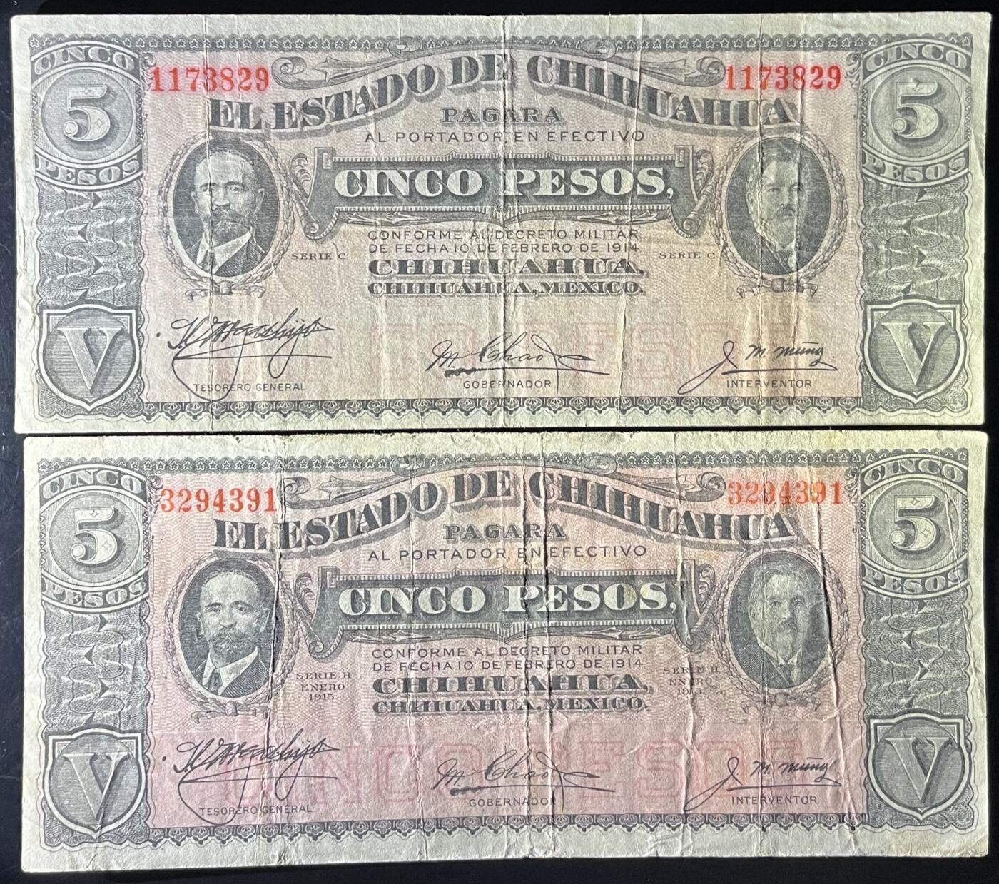 小福收藏拍卖第201期 流通品相裸钞 特惠场 本场拍卖美洲大洋洲非洲亚洲纸币【佣金仅收2% 不设最低佣金 全场包邮】 墨西哥 1914+1915年 5比索 1组2张 