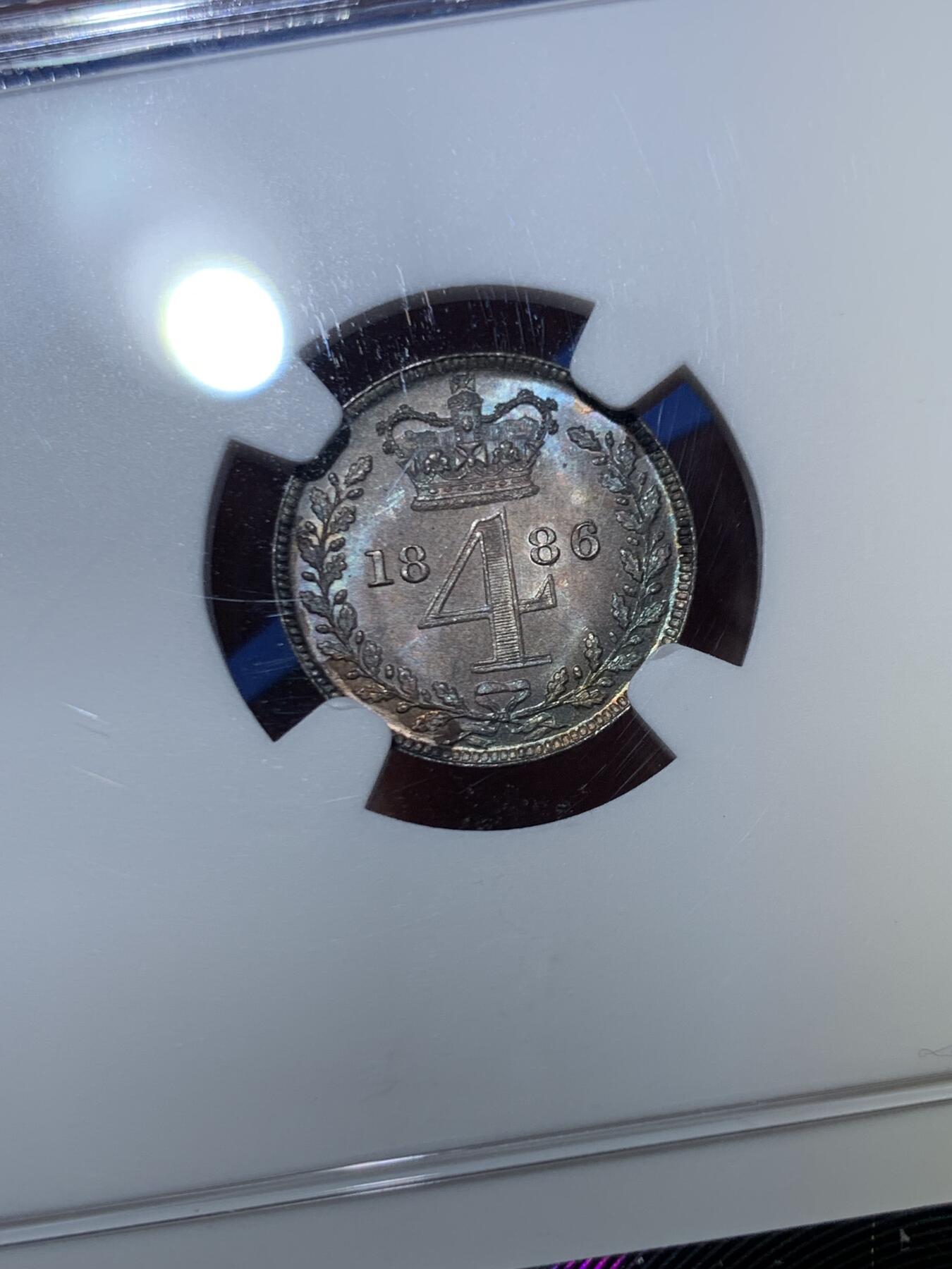 《竞宝斋》第466场 周日，周一 2场连拍 （全场包邮）欢迎送拍 NGC MS64-67 英国1886年小维濯足币1-4便士一套 原盒开出 评级连号 绒盒五彩包浆 状态极好 其中4便士为冠军分 难得