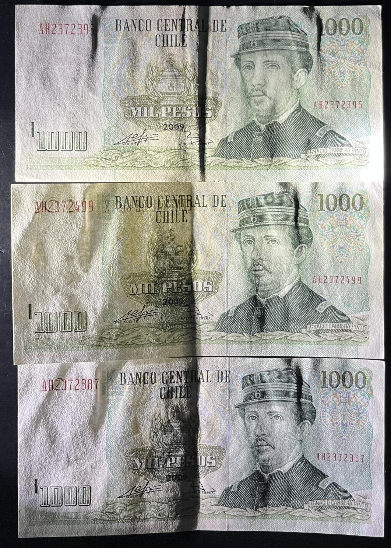 小福收藏拍卖第201期 流通品相裸钞 特惠场 本场拍卖美洲大洋洲非洲亚洲纸币【佣金仅收2% 不设最低佣金 全场包邮】 智利 2009年 1000比索 1组3张 