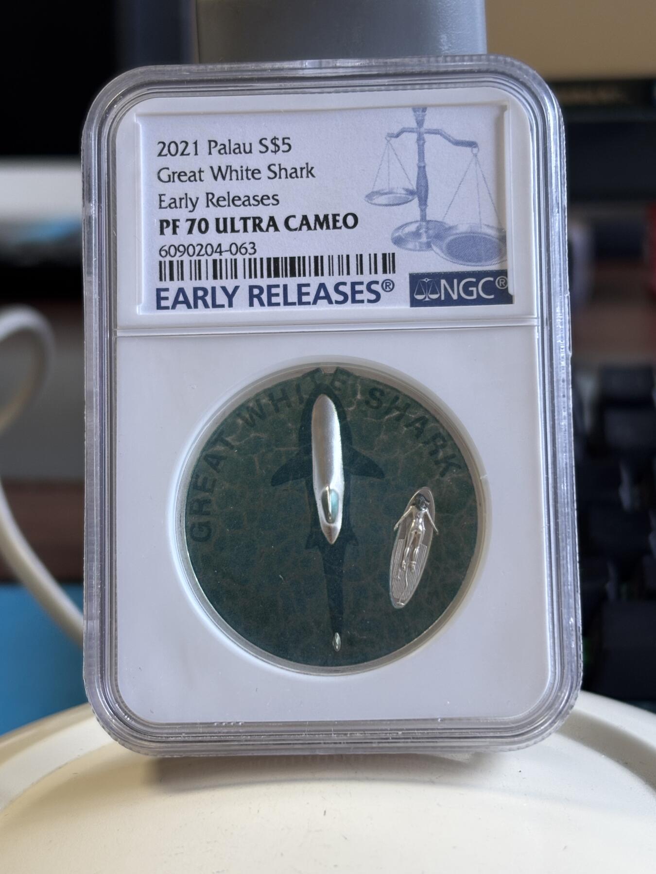 第192期拍卖 获奖帕劳2021年大白鲨双面高浮雕彩银币NGC-PF70首，999银，发行2021枚