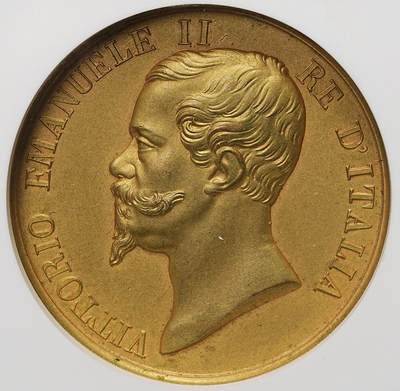 修遠堂世界钱币第106期，请看参拍说明 - NGC MS64 意大利国王维托里奥・埃马努埃莱二世（Vittorio Emanuele II，1861–1878 年在位）时期鎏金铜章
