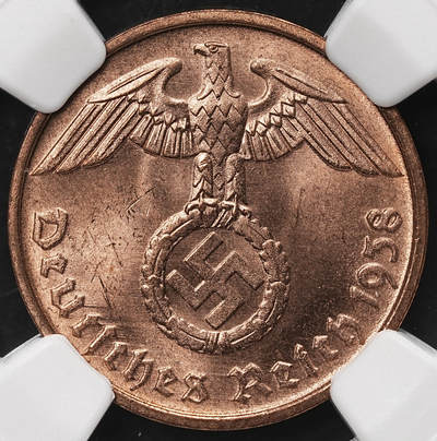 修遠堂世界钱币第106期，请看参拍说明 - NGC MS64RD 1939年德国2芬尼铜币 D厂铭，满铜光