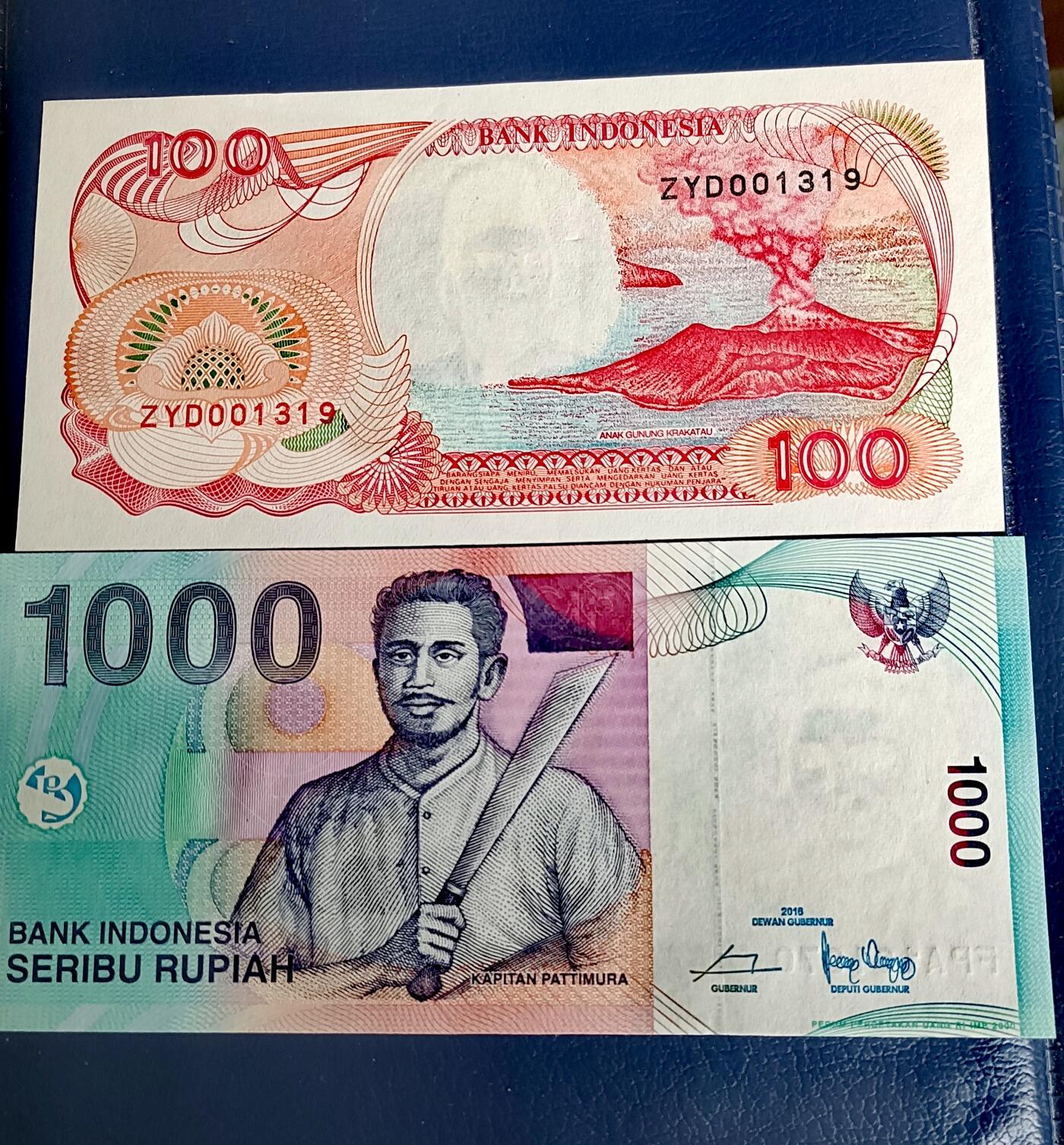 全新印度尼西亚1992年100卢比、2016年1000卢比靓品纸币2枚一组