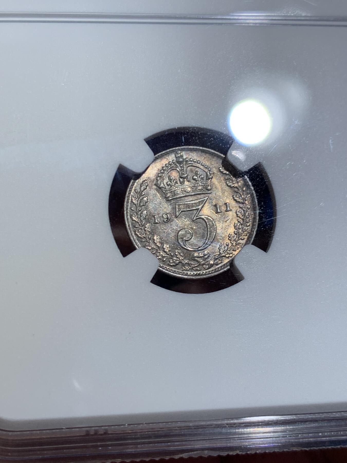 《竞宝斋》第466场 周日，周一 2场连拍 （全场包邮）欢迎送拍 四枚一组 NGC MS62-64 英国1911年乔治五世濯足币1-4便士银币 包浆舒服 评级数量比同年份精制币少很多